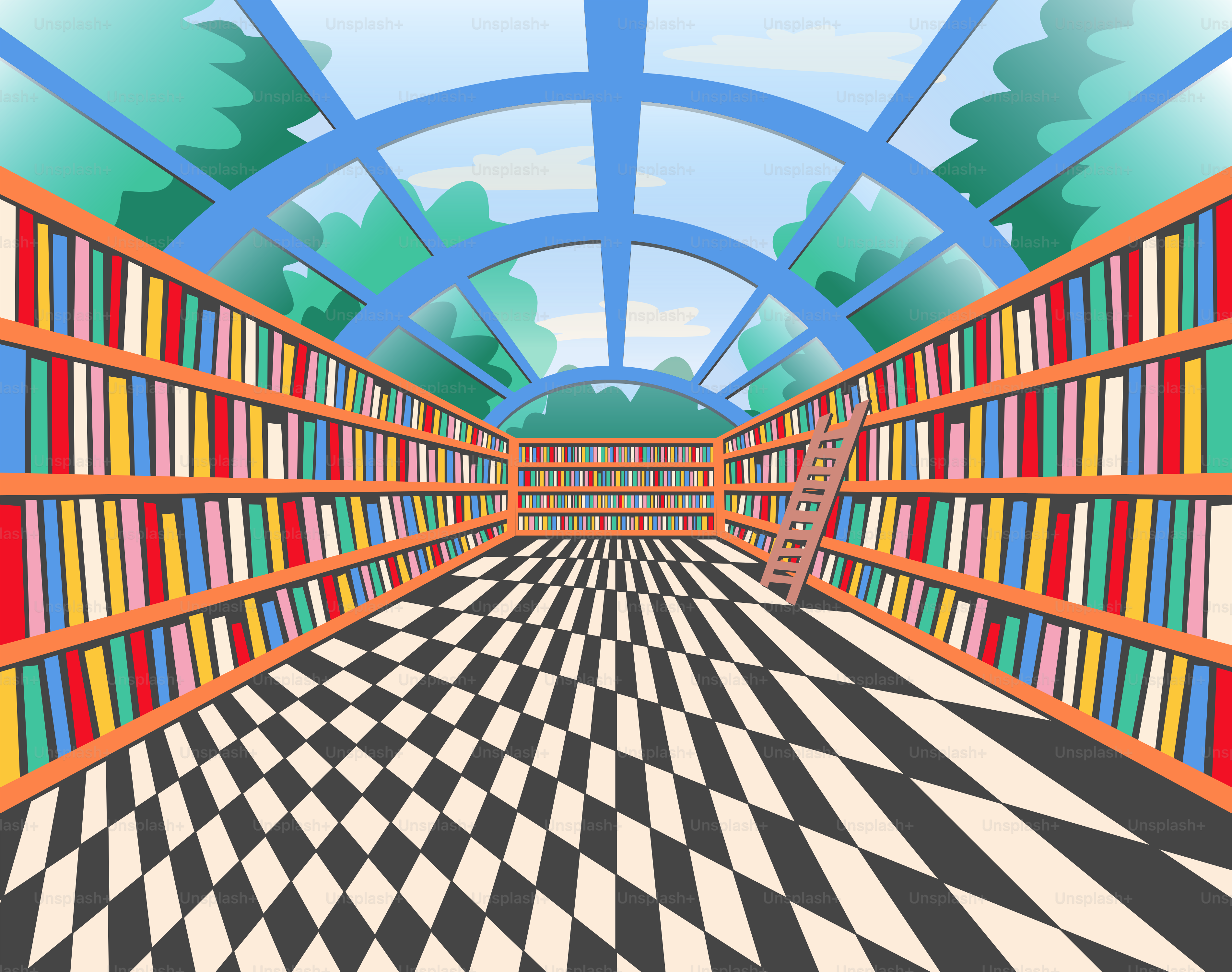 Una biblioteca colorata con libri e una scala.