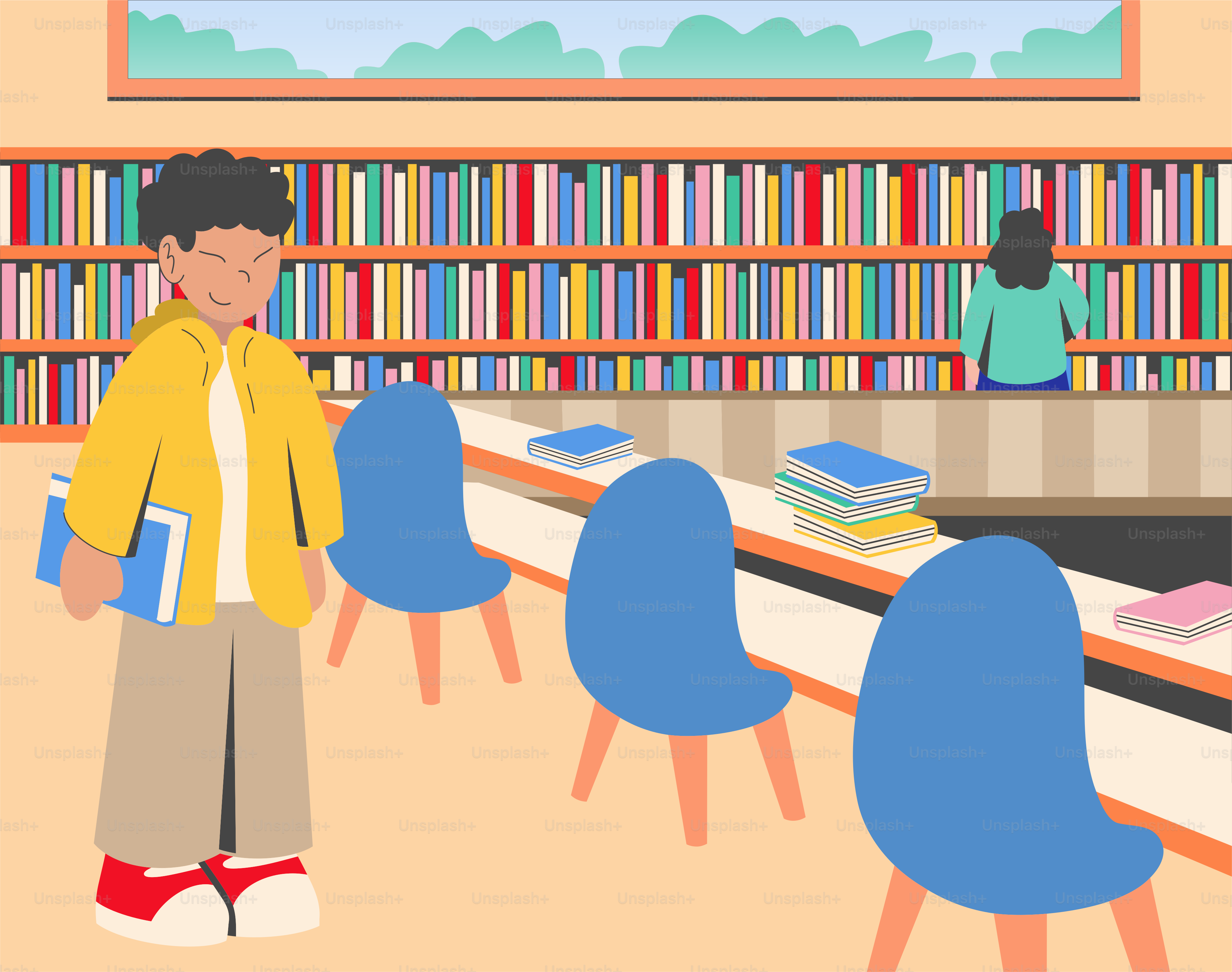 A person stands in a library with books.