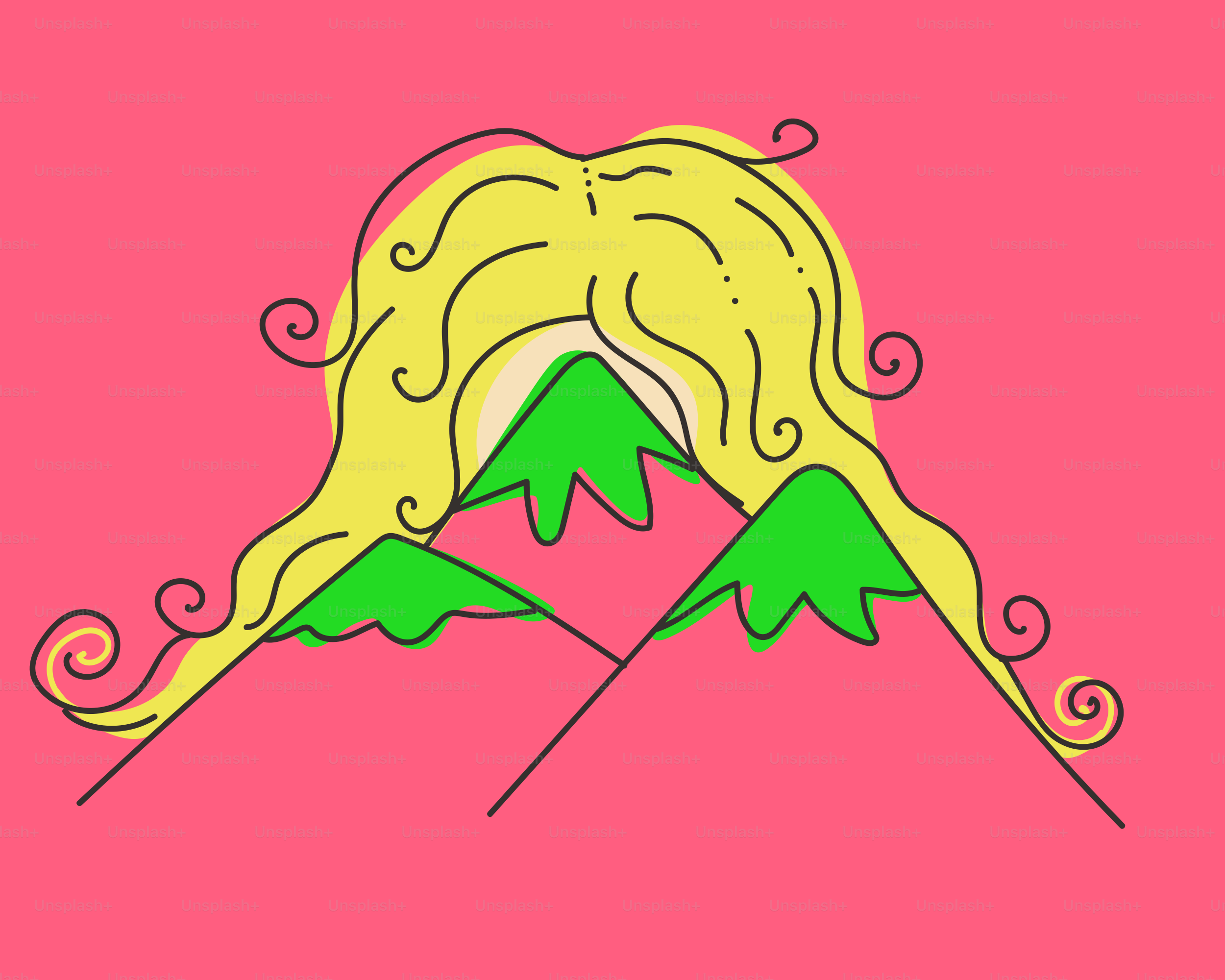 Les montagnes sont encadrées par de longs cheveux blonds.