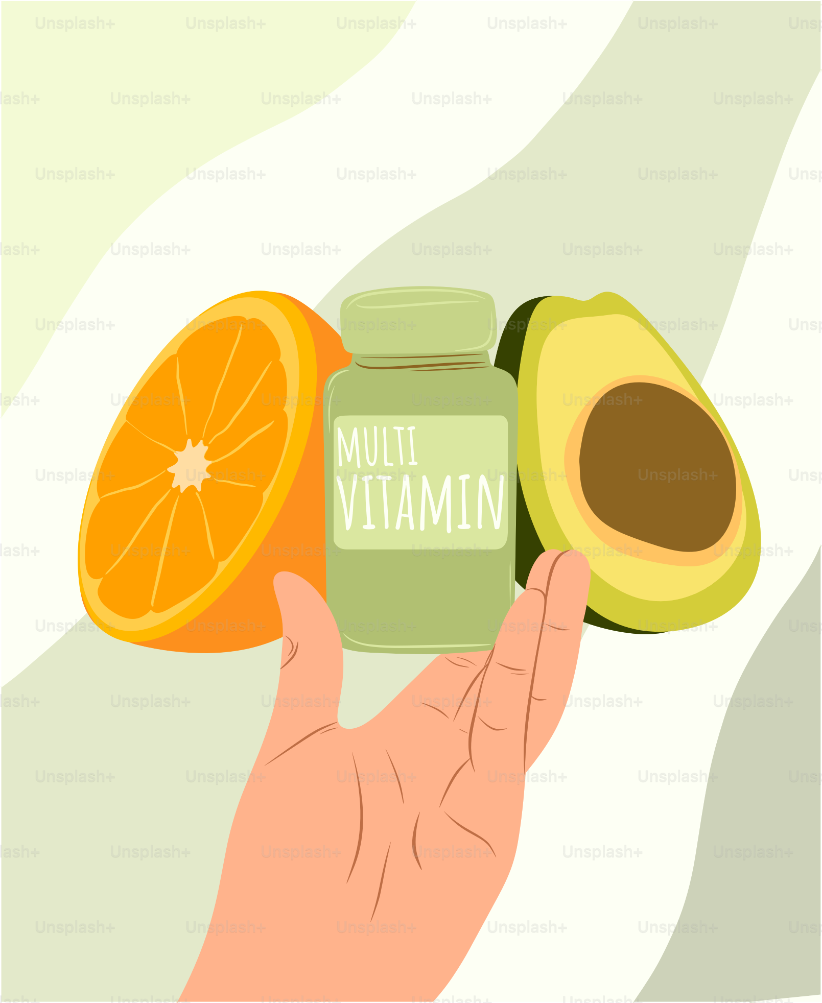 Vitamin supplements with healthy food and hand.