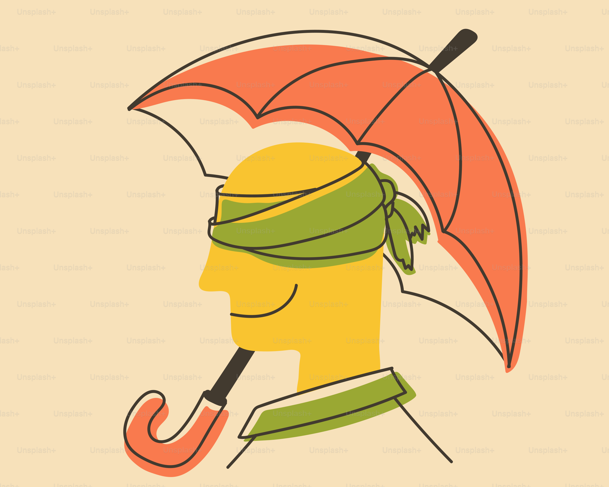 A blindfolded person is protected by an umbrella.
