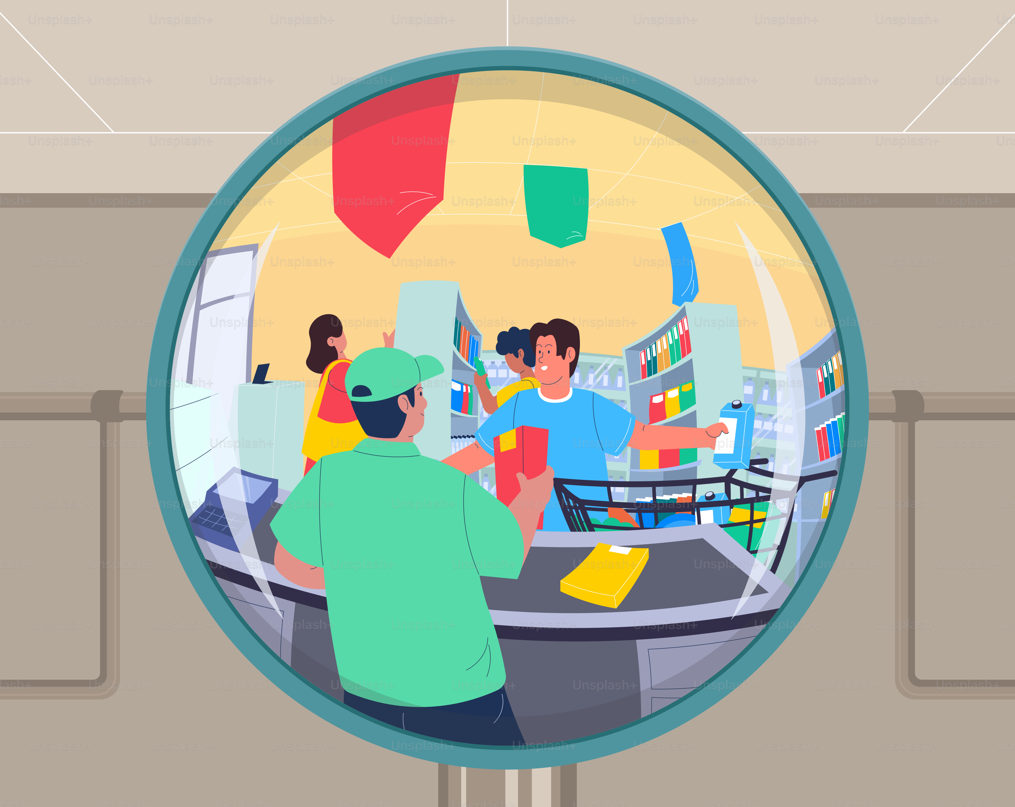 Customers are shopping and paying at a checkout.