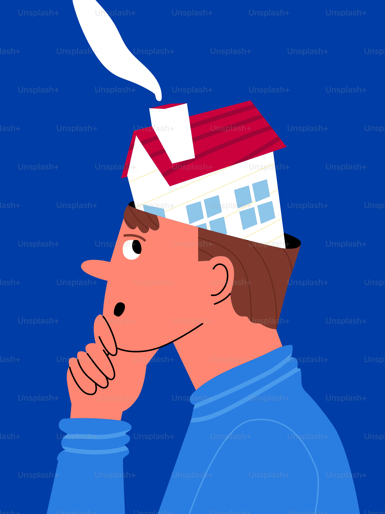 Ein nachdenklicher Mensch hat ein Haus im Kopf.