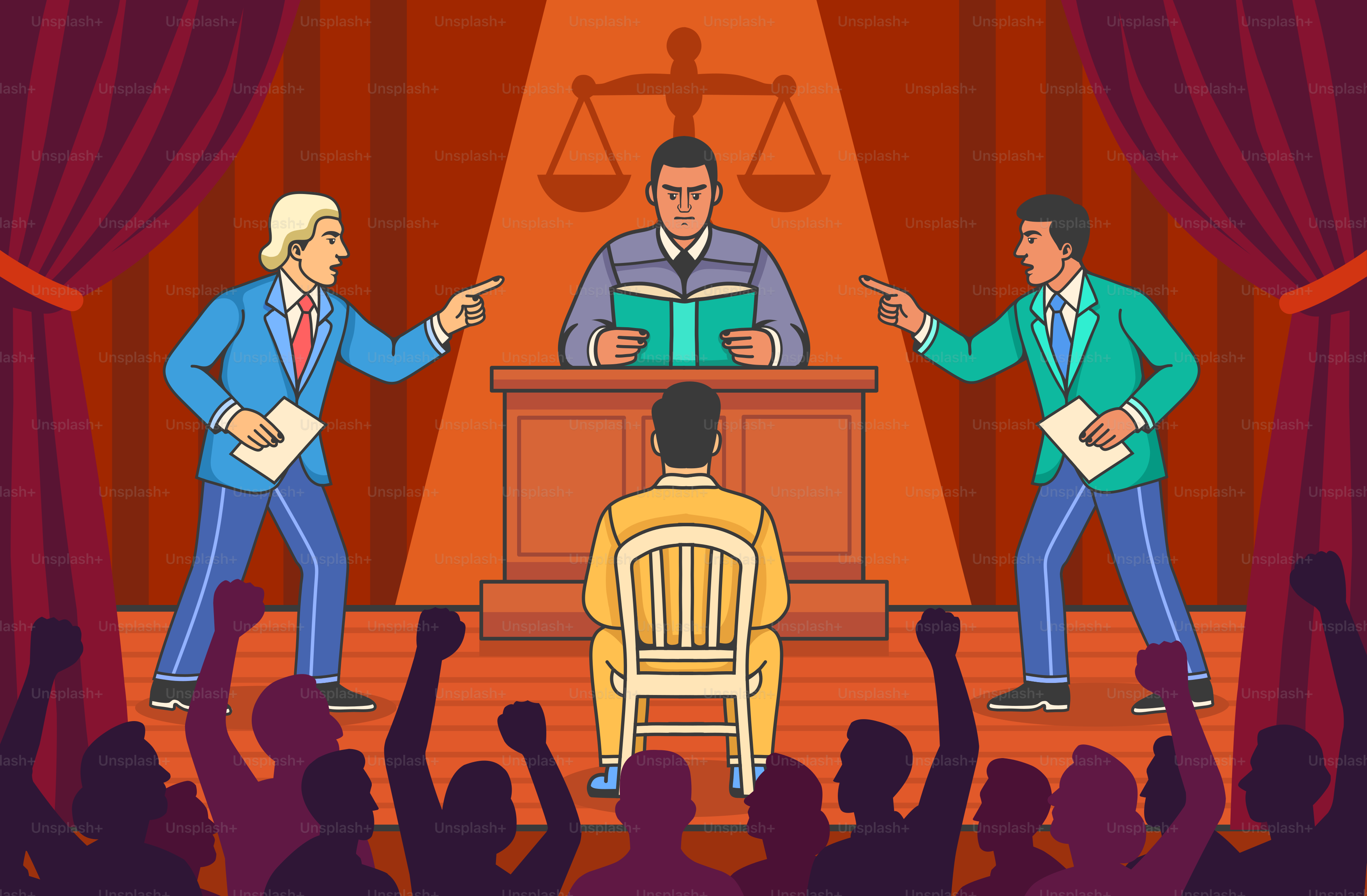 Lawyers argue in court, while the defendant watches.