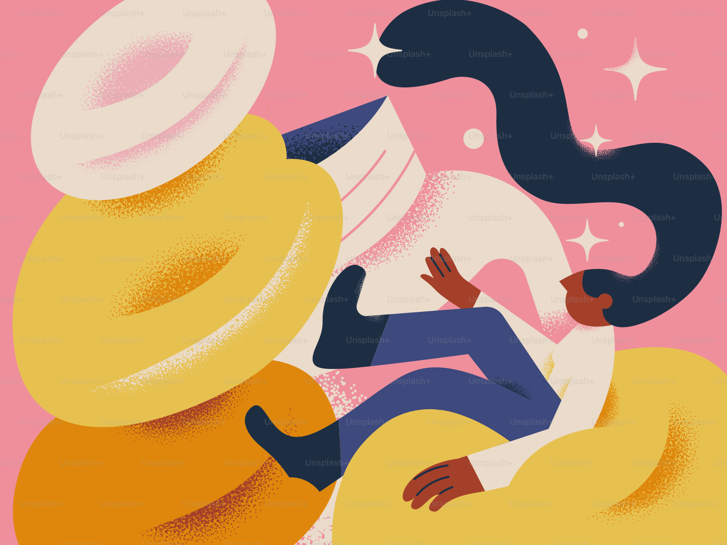 A person is surrounded by abstract shapes.