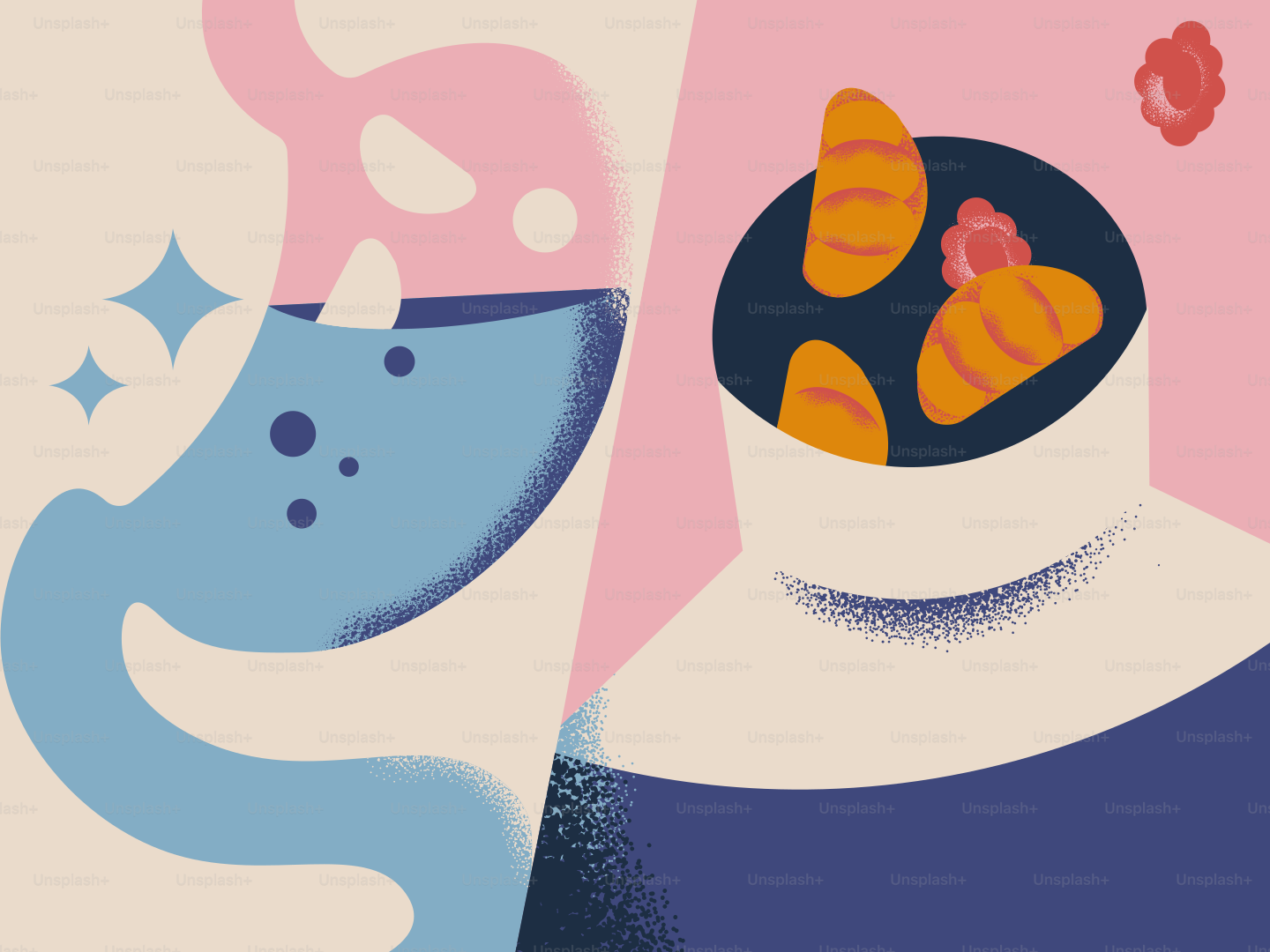 Verdauung: Magen auf einer Seite, Nahrung im Kopf.