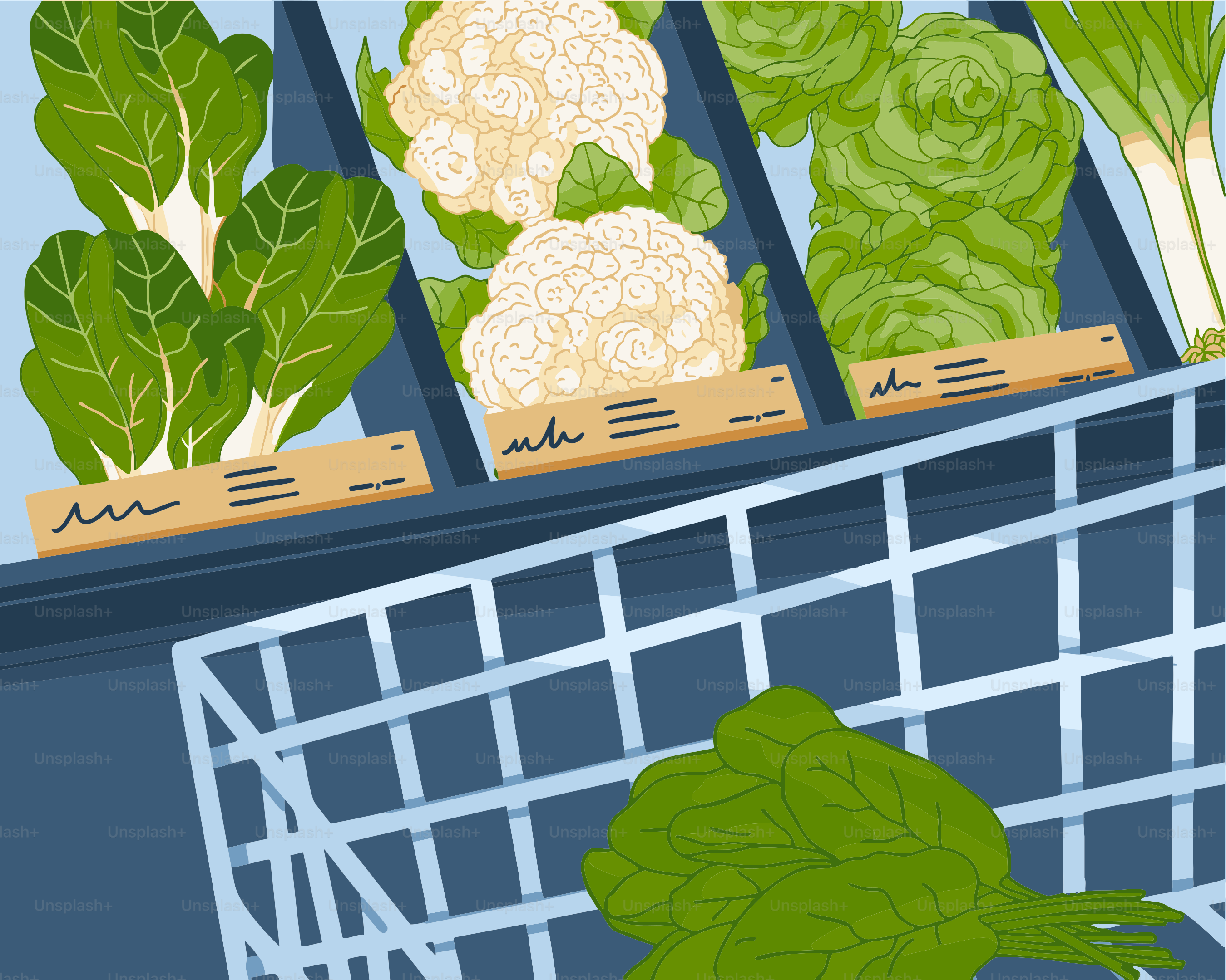 Vegetables in a grocery store shopping cart.