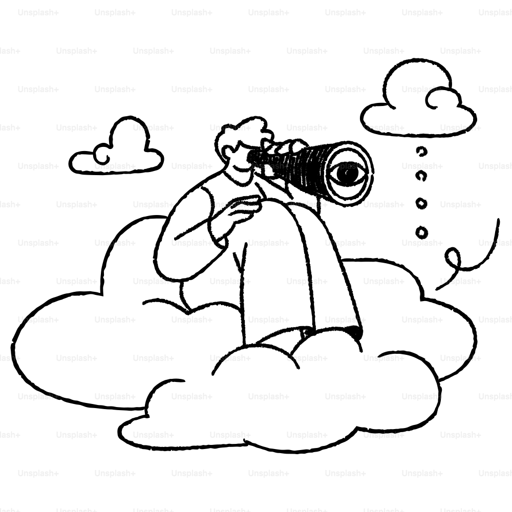 Person on cloud looking through a telescope.