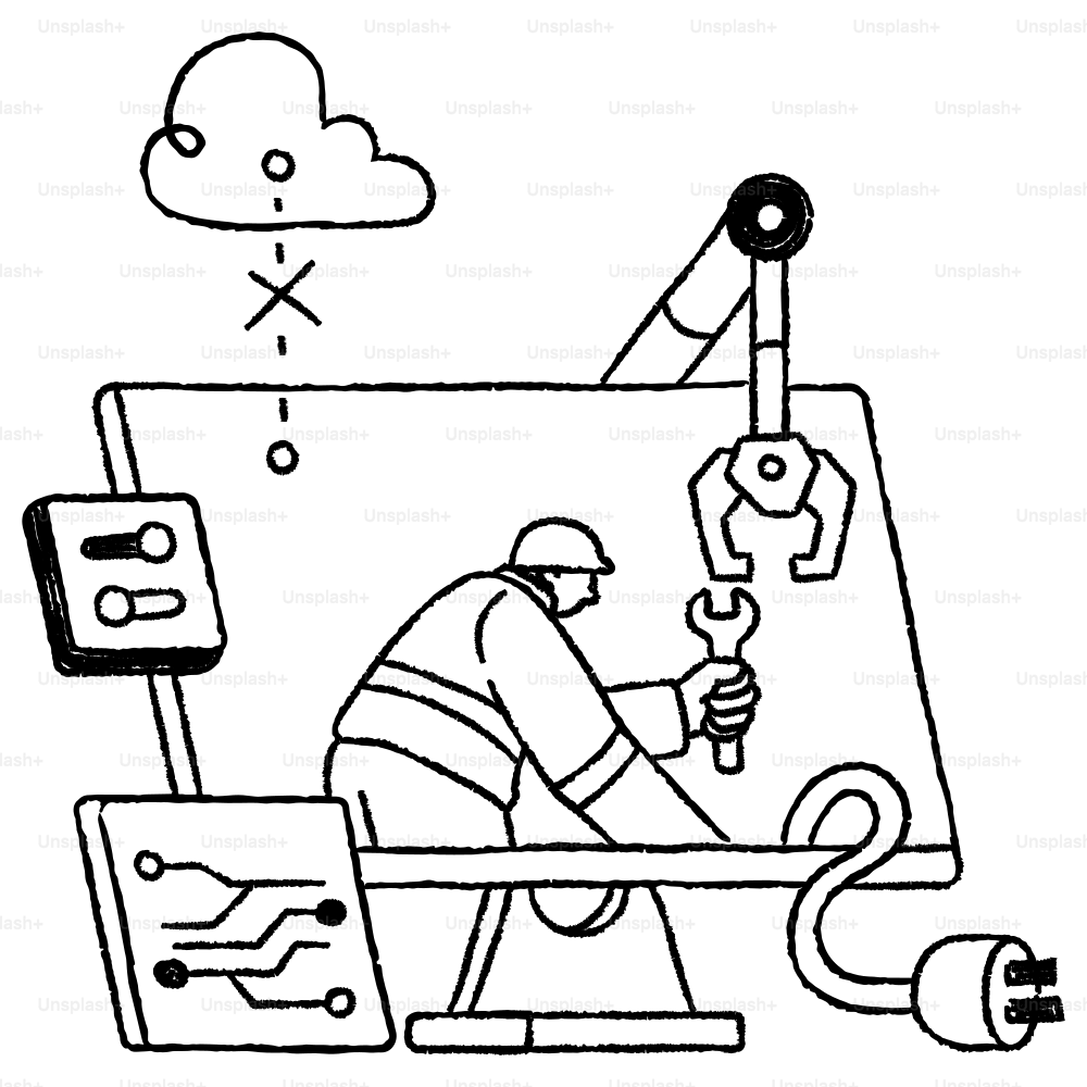 Der Mensch repariert einen Computer mit Cloud- und Technikelementen.