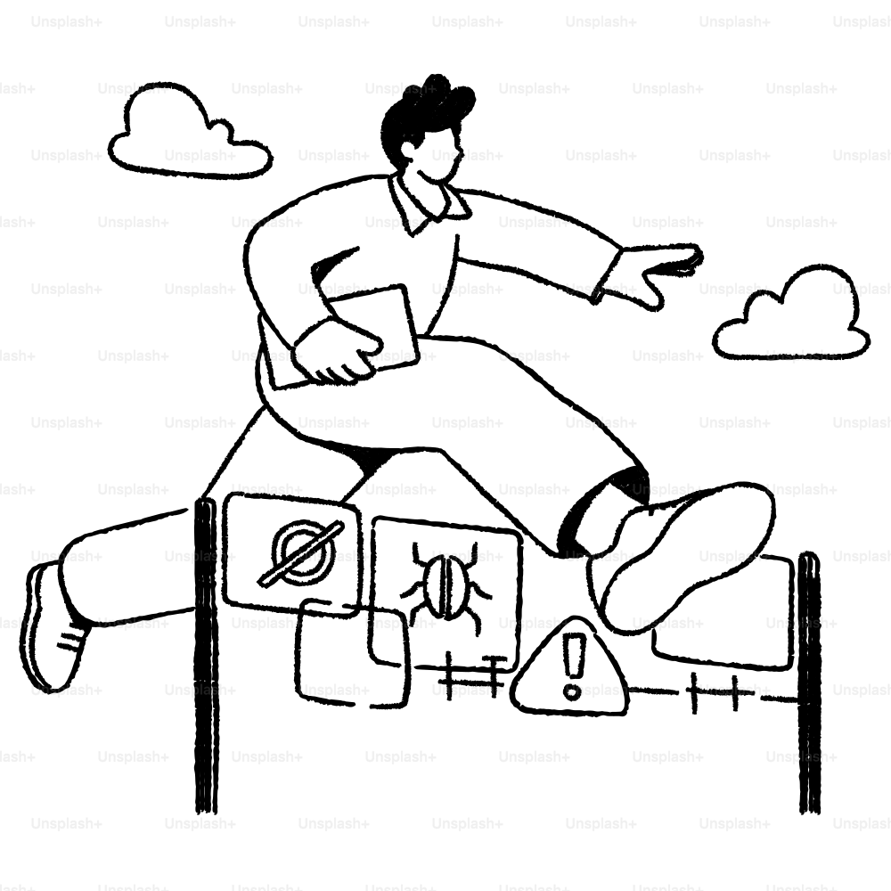 Man overcoming obstacles such as bugs and errors.