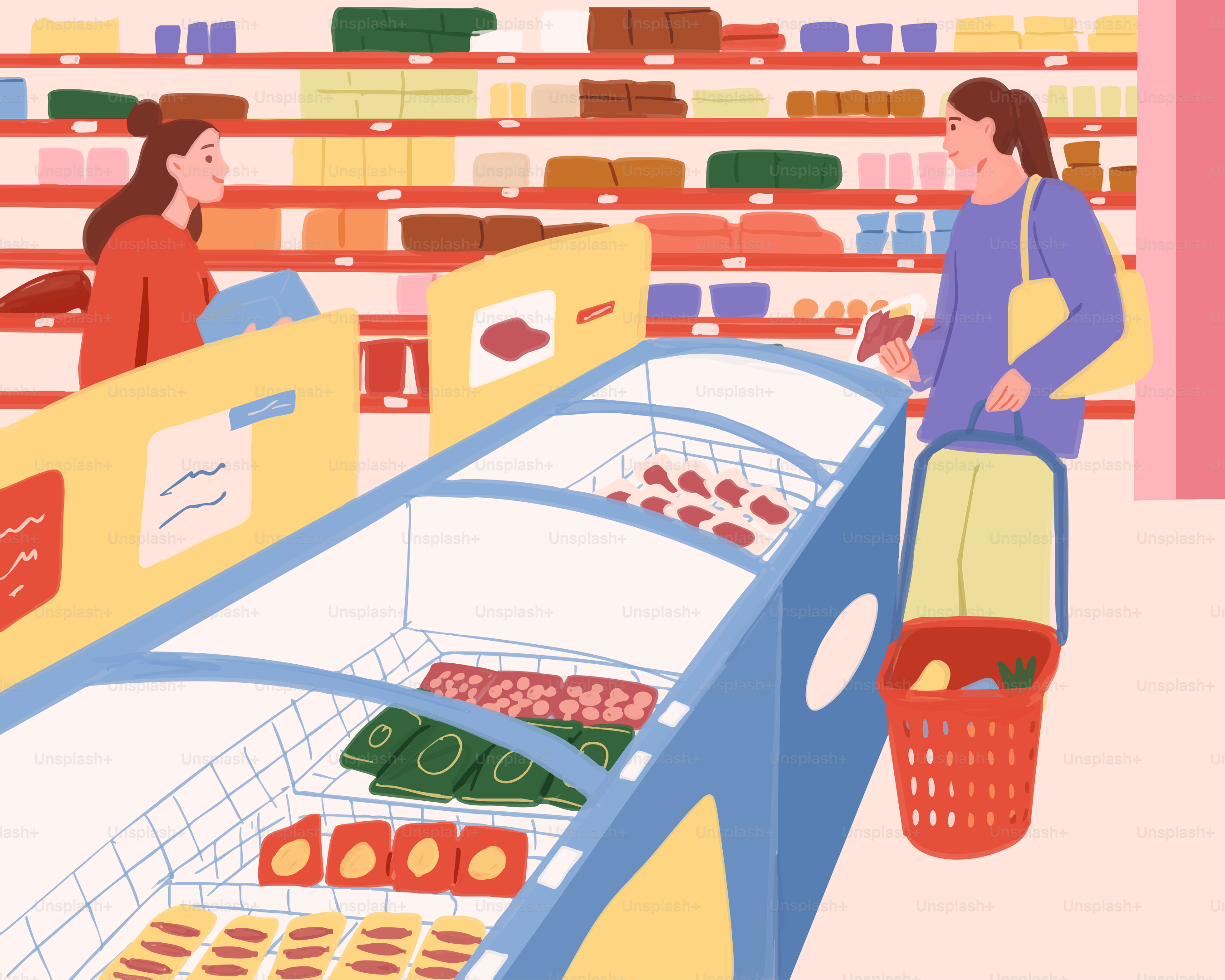 People are shopping for groceries in a supermarket.