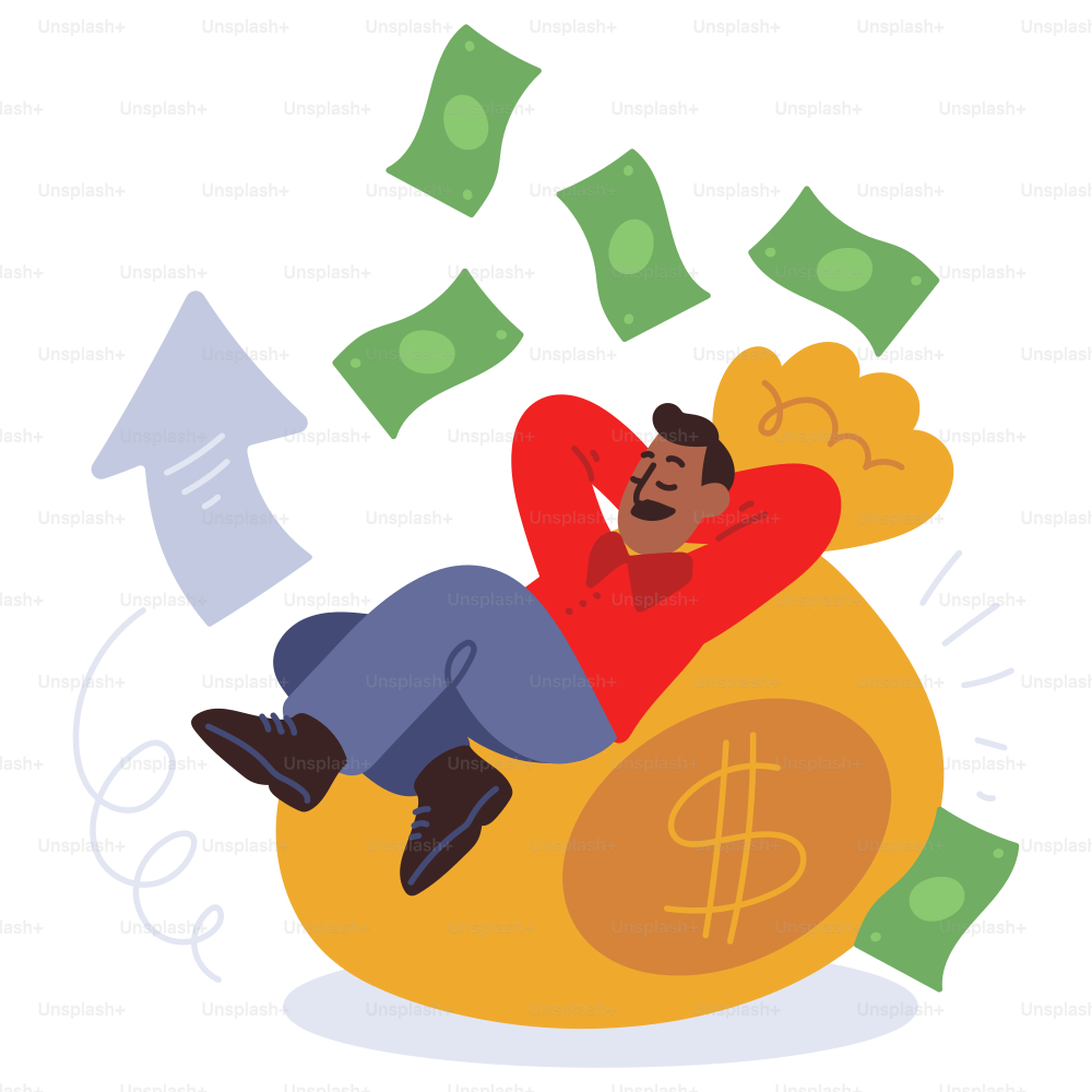 L'uomo si appoggia su una borsa di soldi con i dollari.