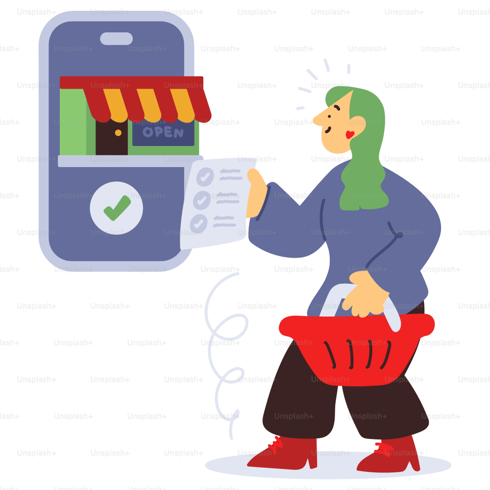La donna fa acquisti online con un cestino.