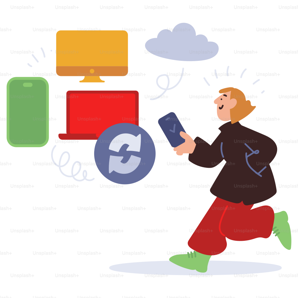 Eine Person synchronisiert Daten auf verschiedenen Geräten.