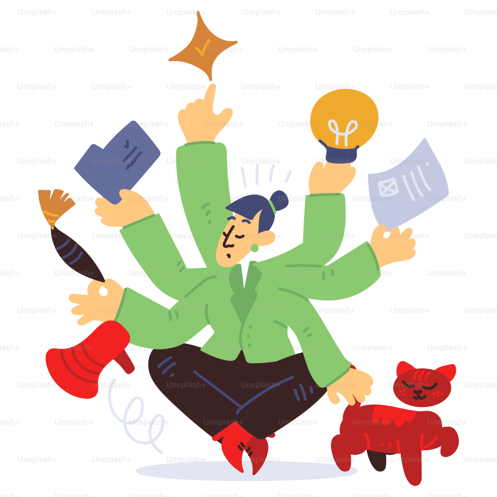 Busy person multitasking with many activities.