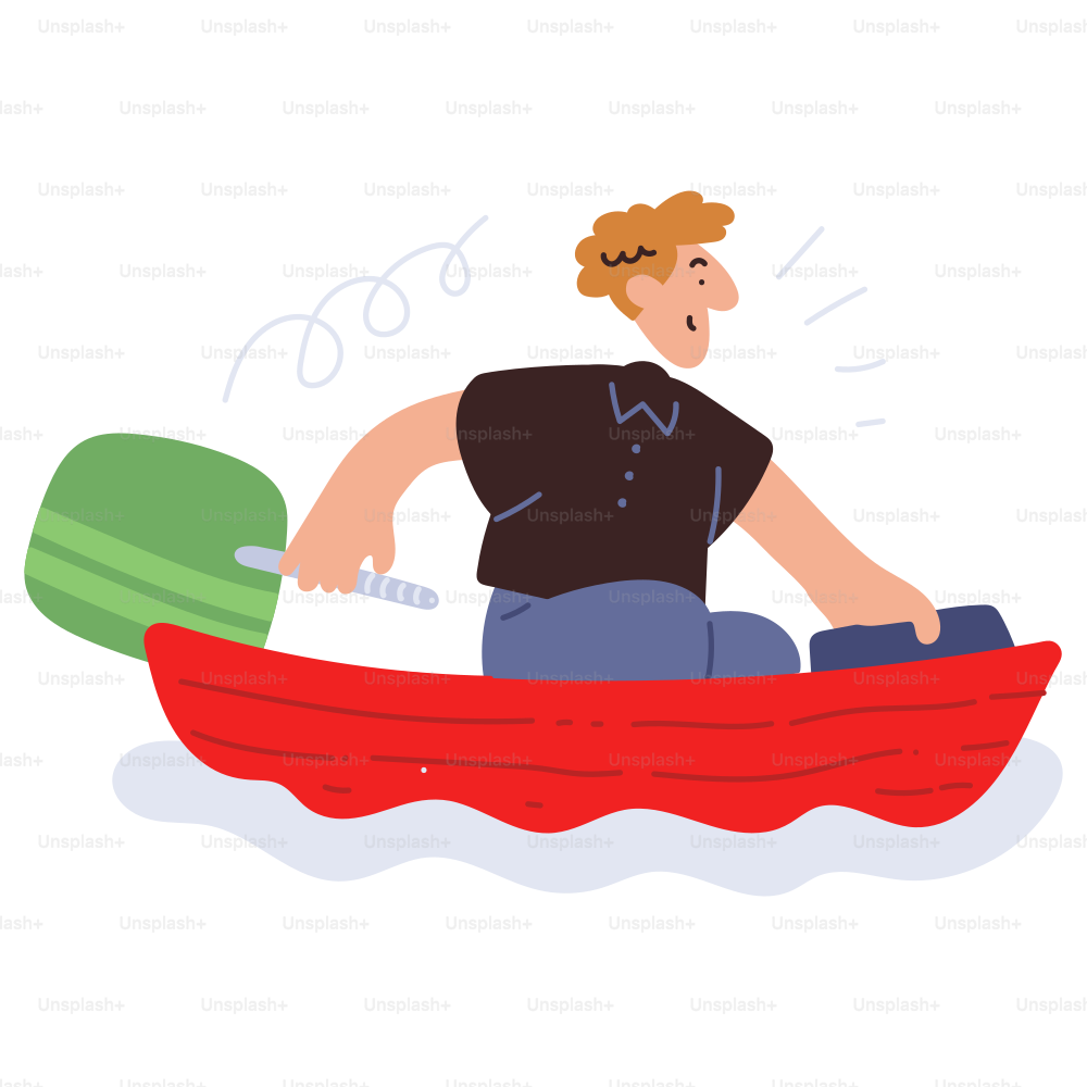 Un uomo sta remando su una barca rossa.