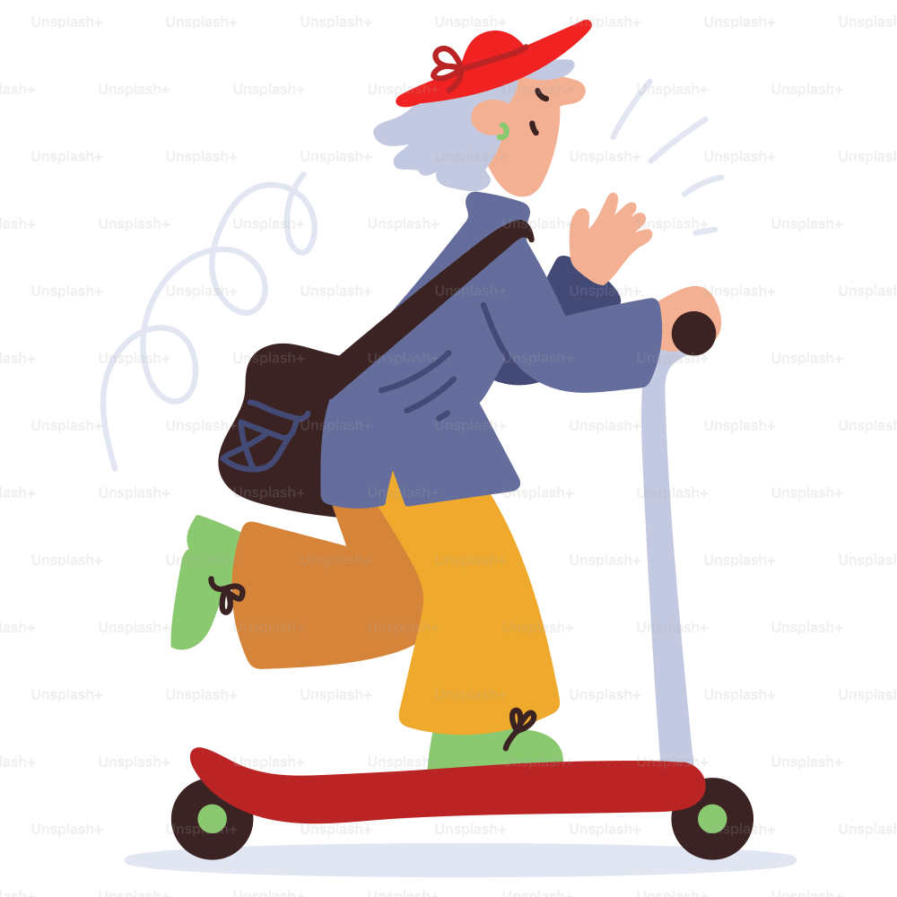 Una donna anziana guida uno scooter con gioia.