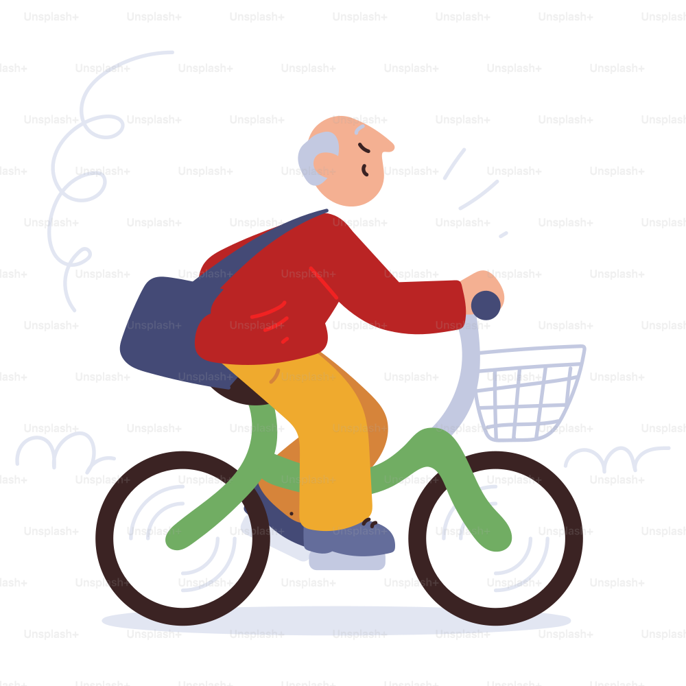 An elderly man rides a bicycle happily.