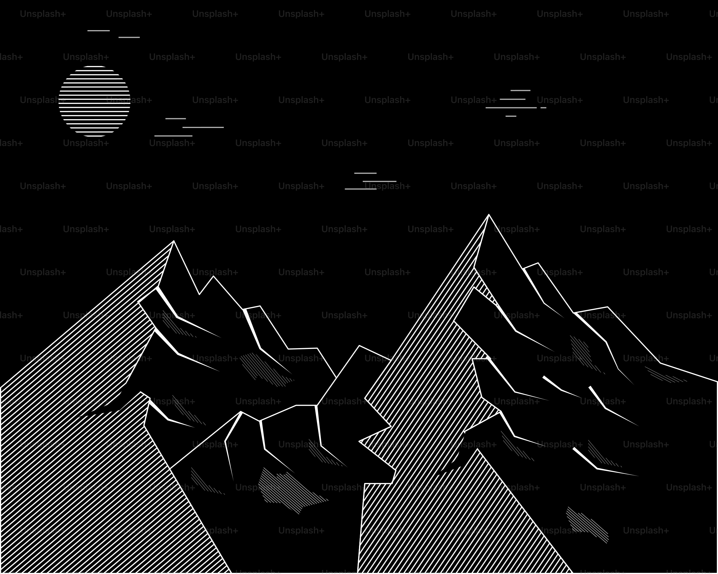 Black and white mountains with moon and clouds.