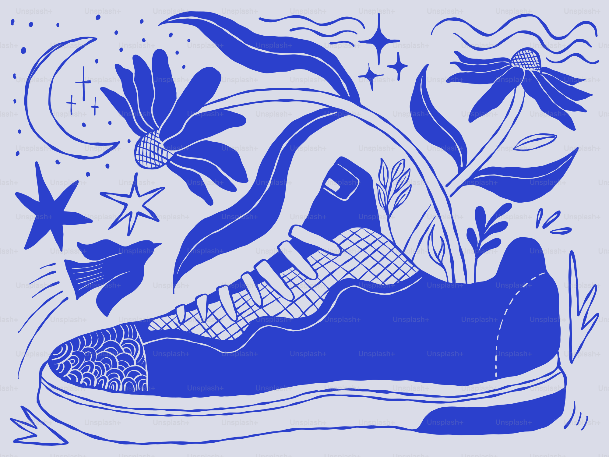 Une basket bleue repose parmi les fleurs et les étoiles.
