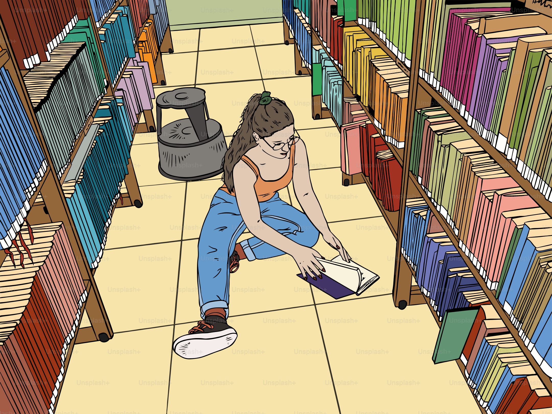 Woman looks at a book on the library floor.