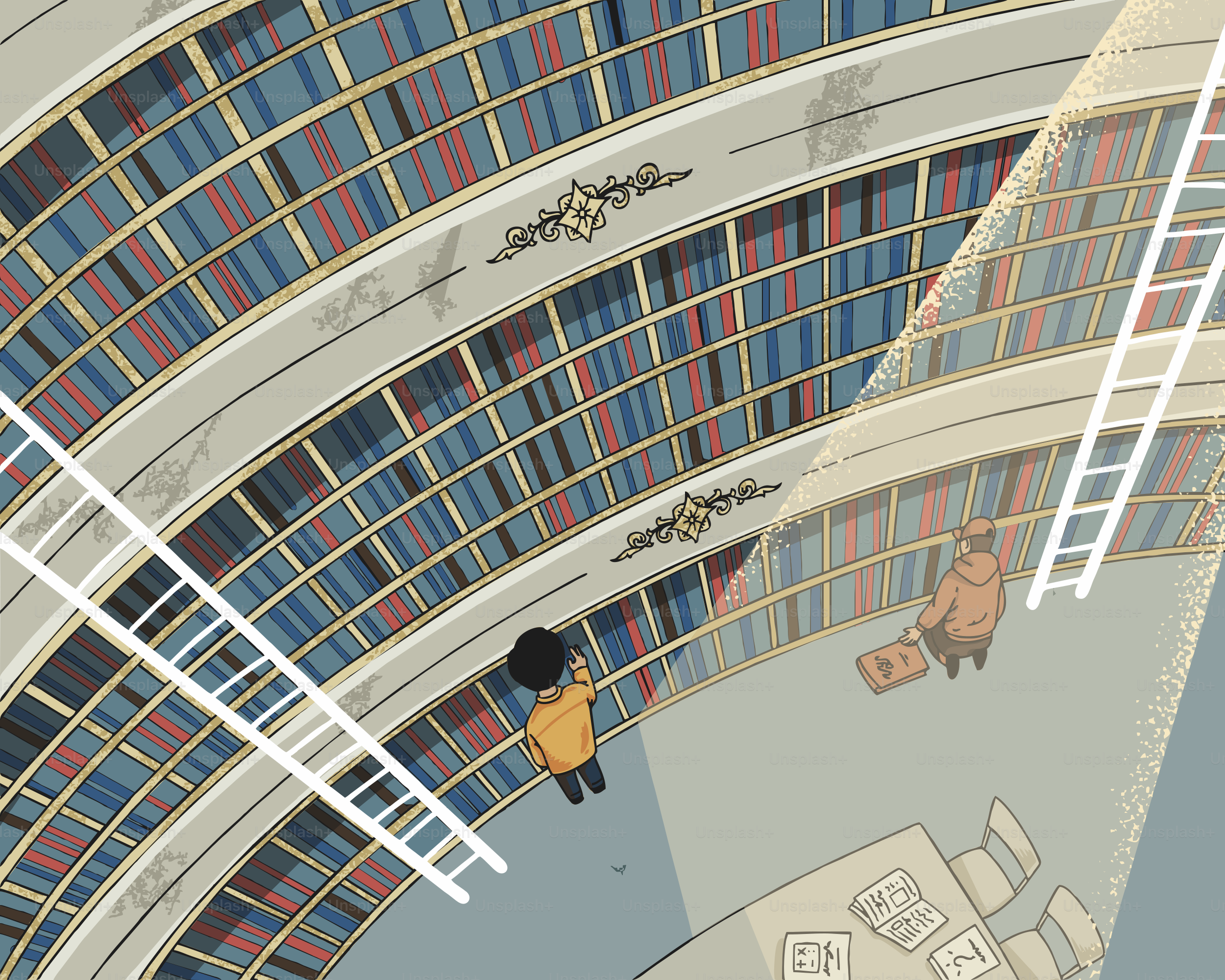 Librarians and ladders in a grand library.