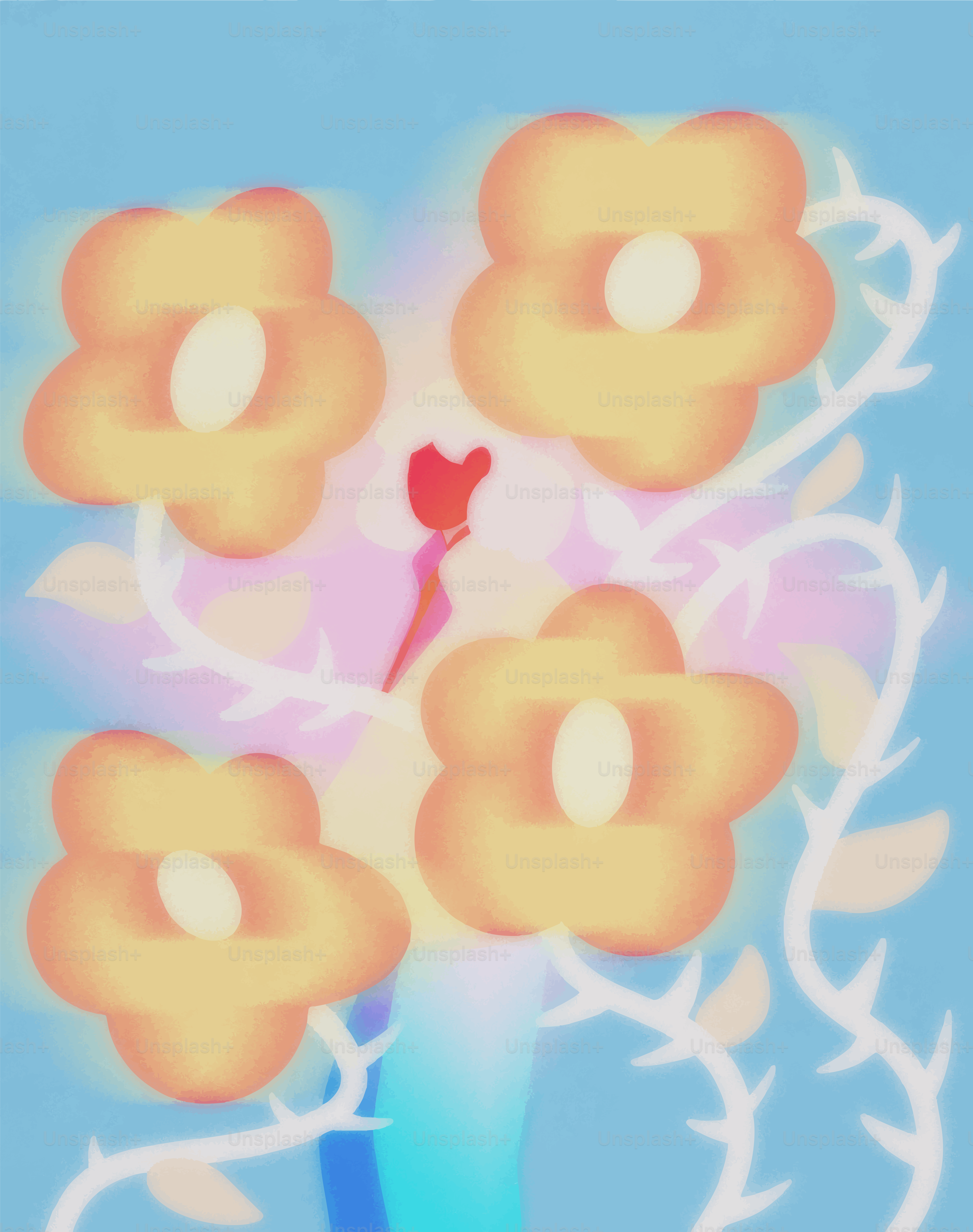 Quattro fiori arancioni sbocciano su viti tortuose.