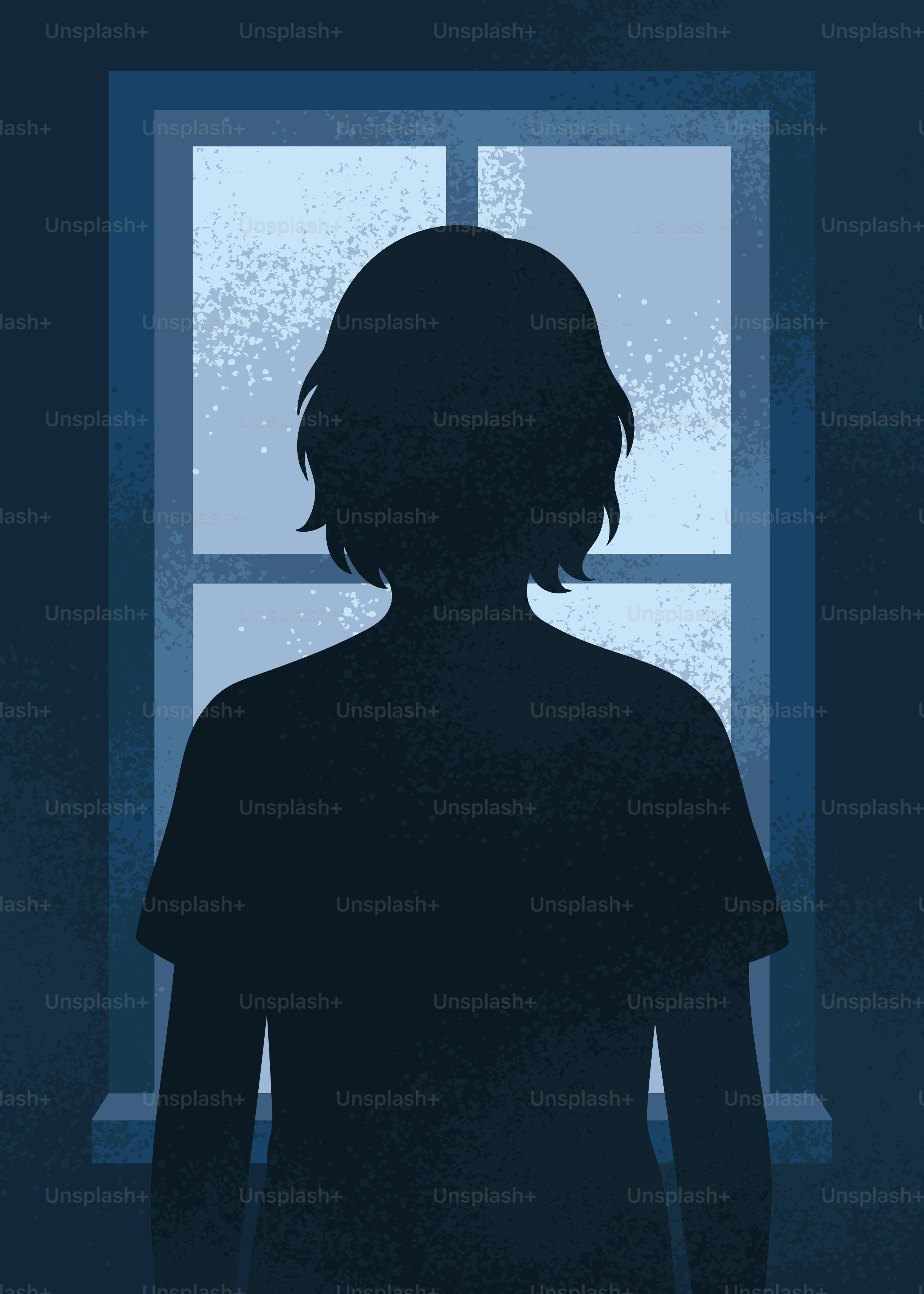 Eine Silhouette schaut nachts aus dem Fenster.