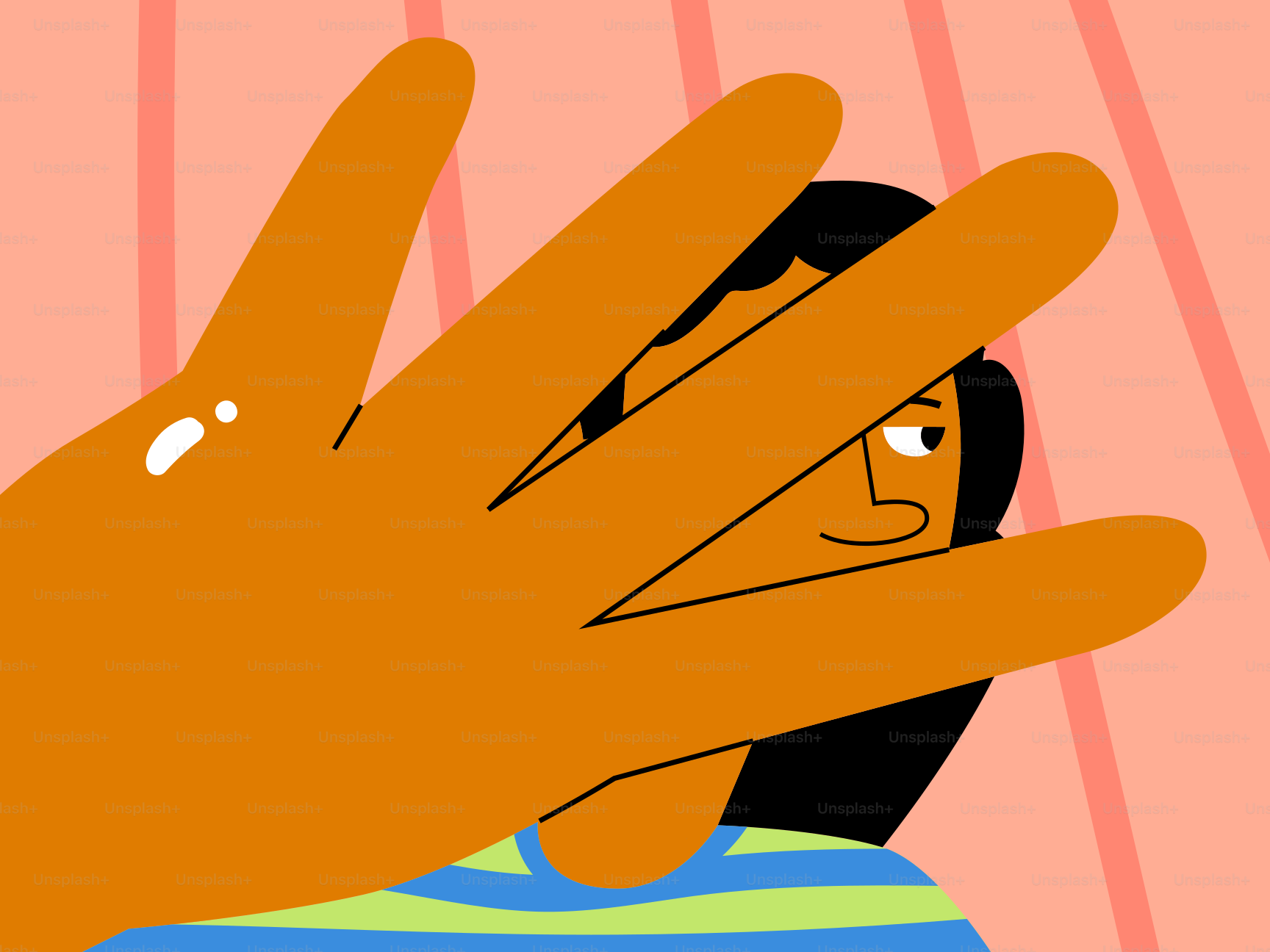 Someone is peeking out from behind a hand.