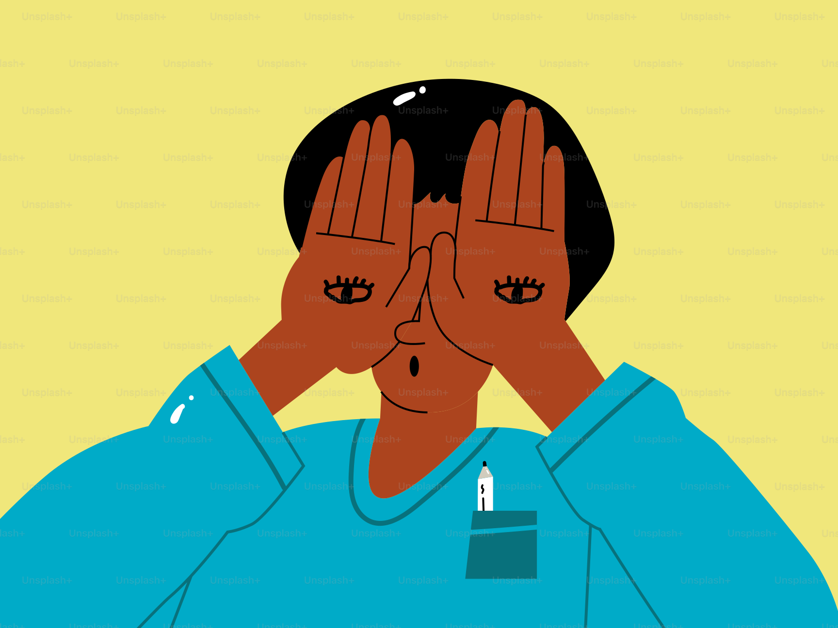 Hands with eyes cover a person's face.