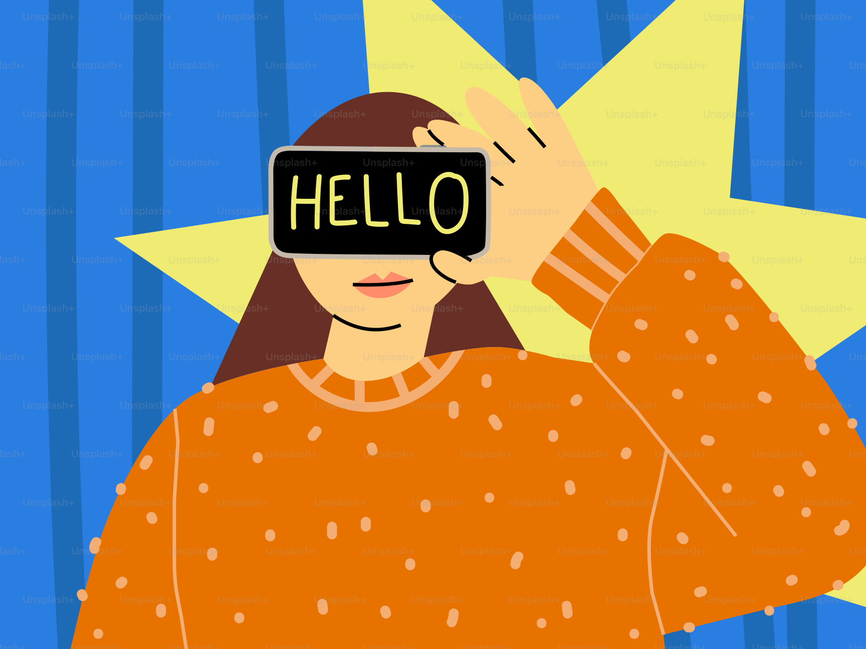 A woman holds phone displaying "hello".