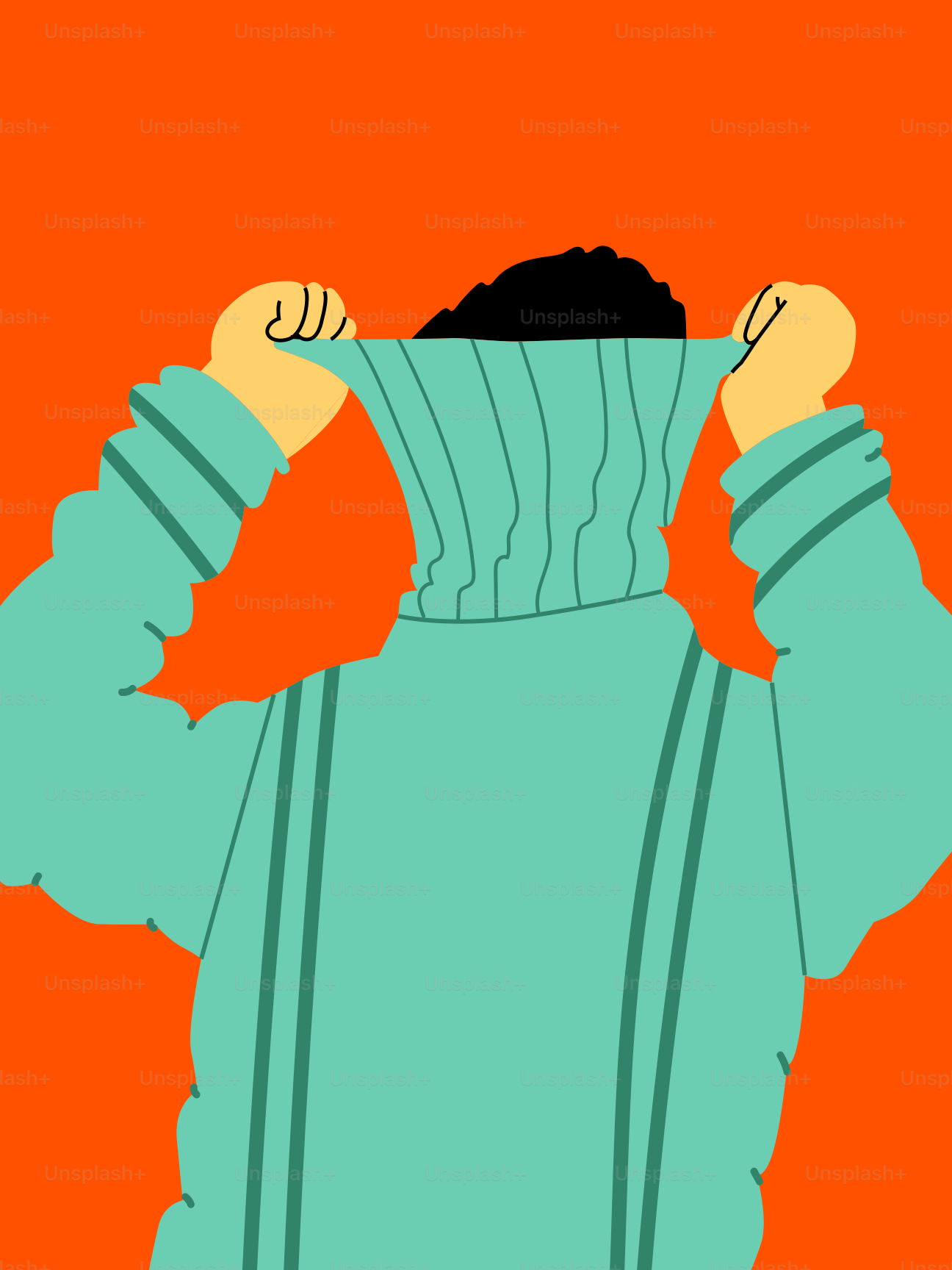 Someone pulling their sweater over their head.