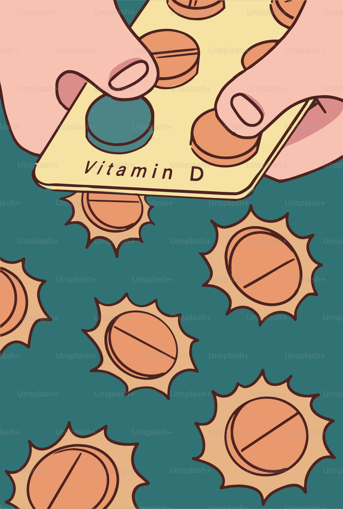 Hands are holding vitamin d pills.