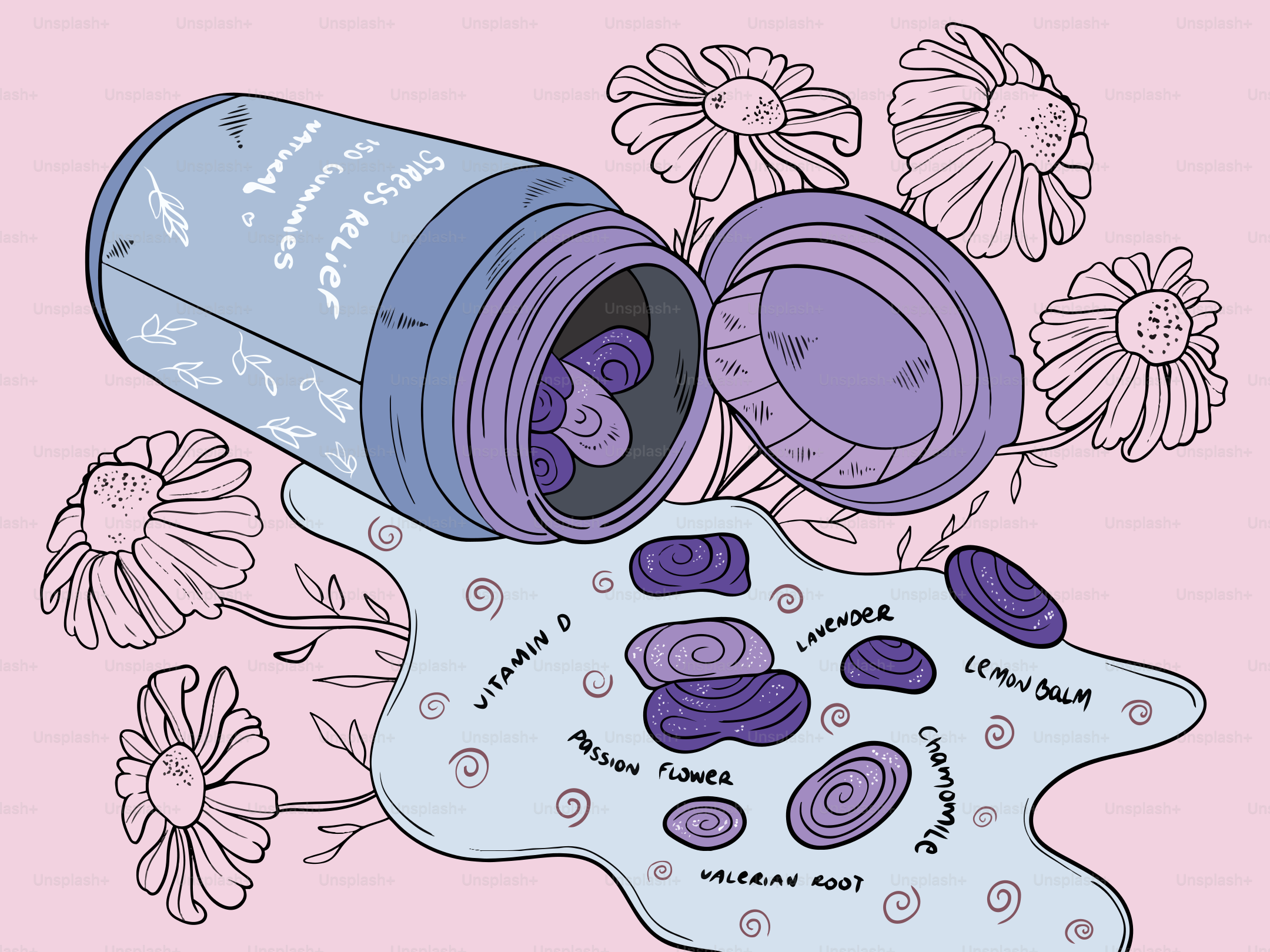 Los suplementos herbales se derraman de un recipiente sobre las flores.