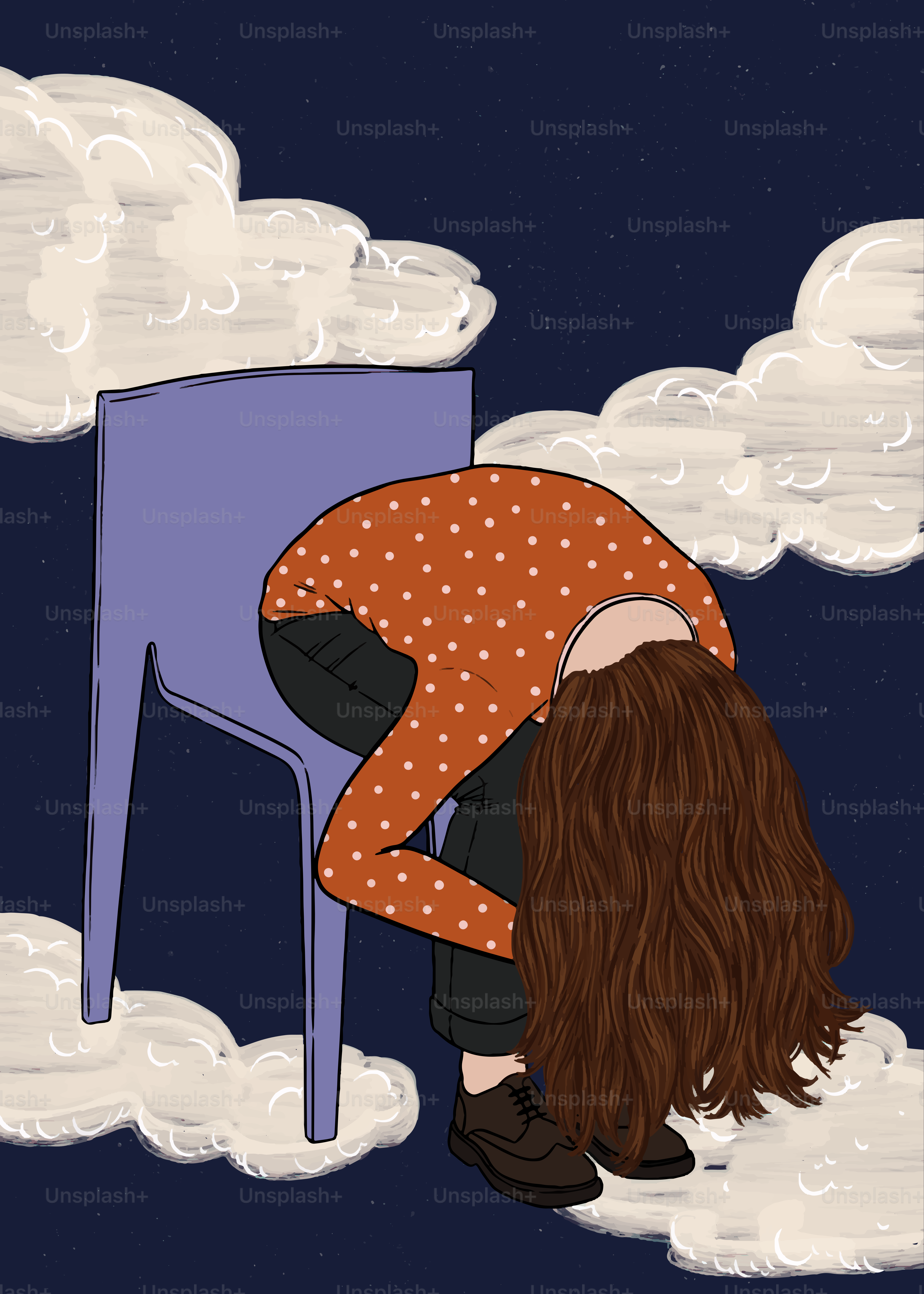 A girl is hidden behind a chair among clouds.