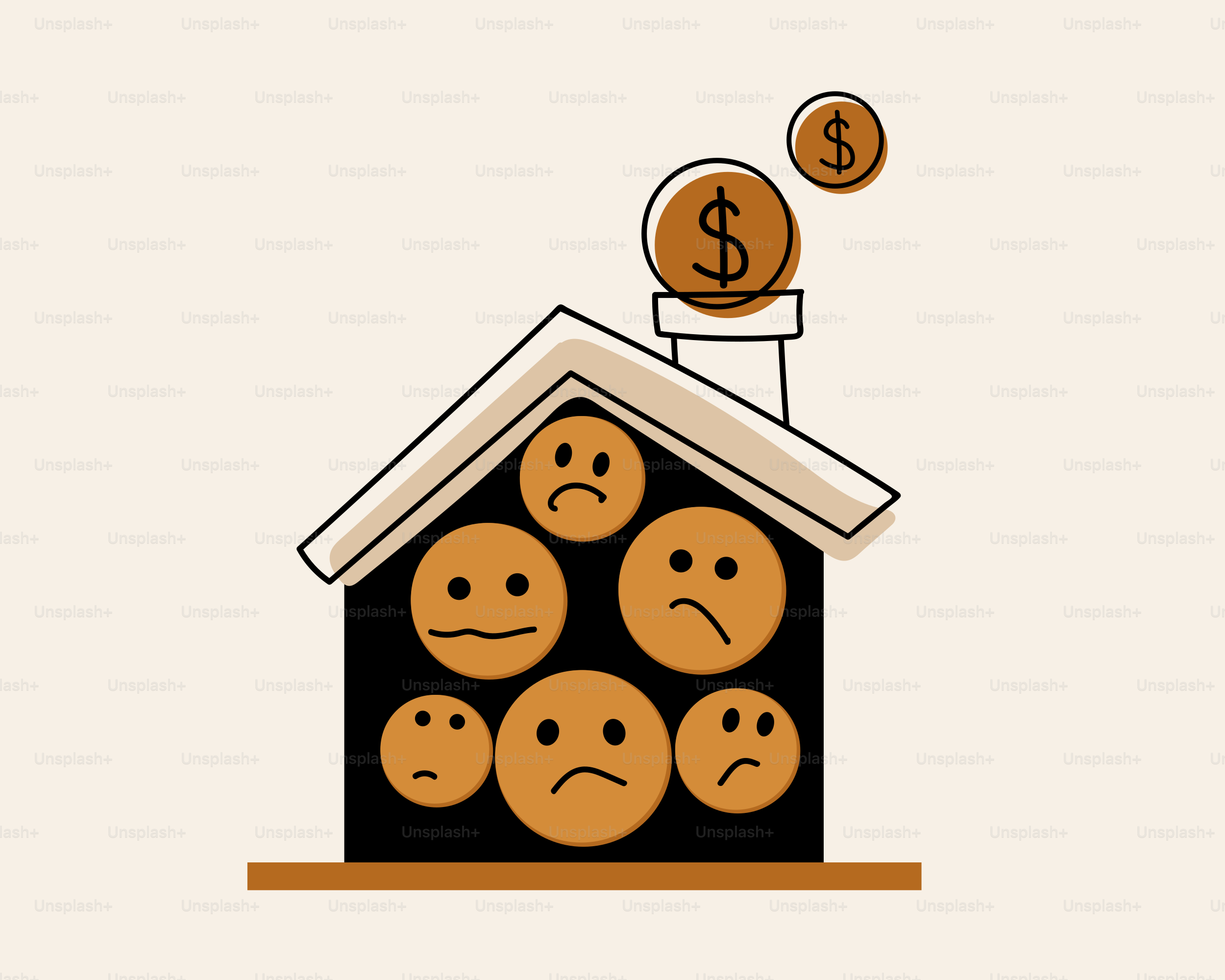 Traurige Gesichter wohnen in einem Haus mit Geld.