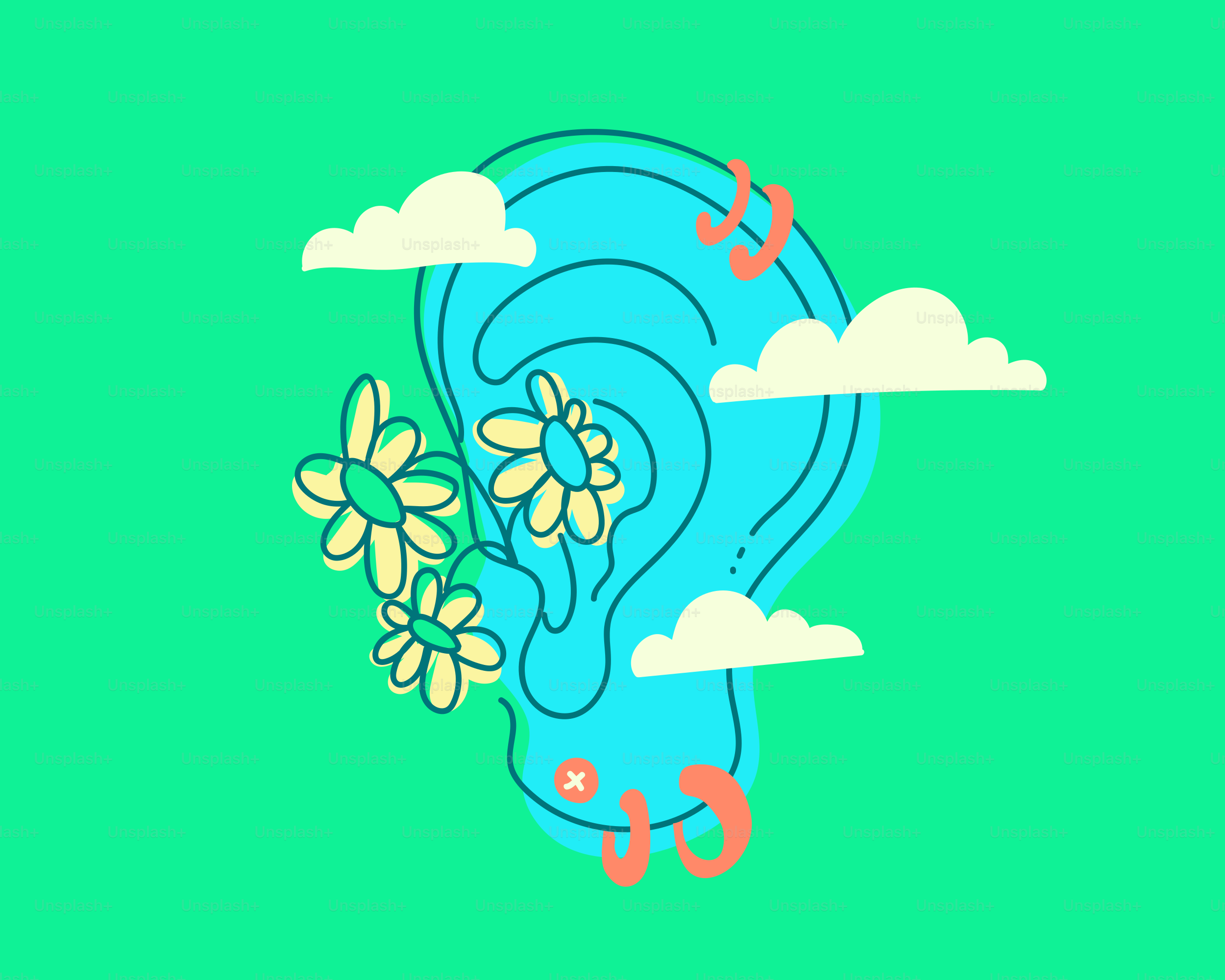 A cartoon ear decorated with flowers and clouds.