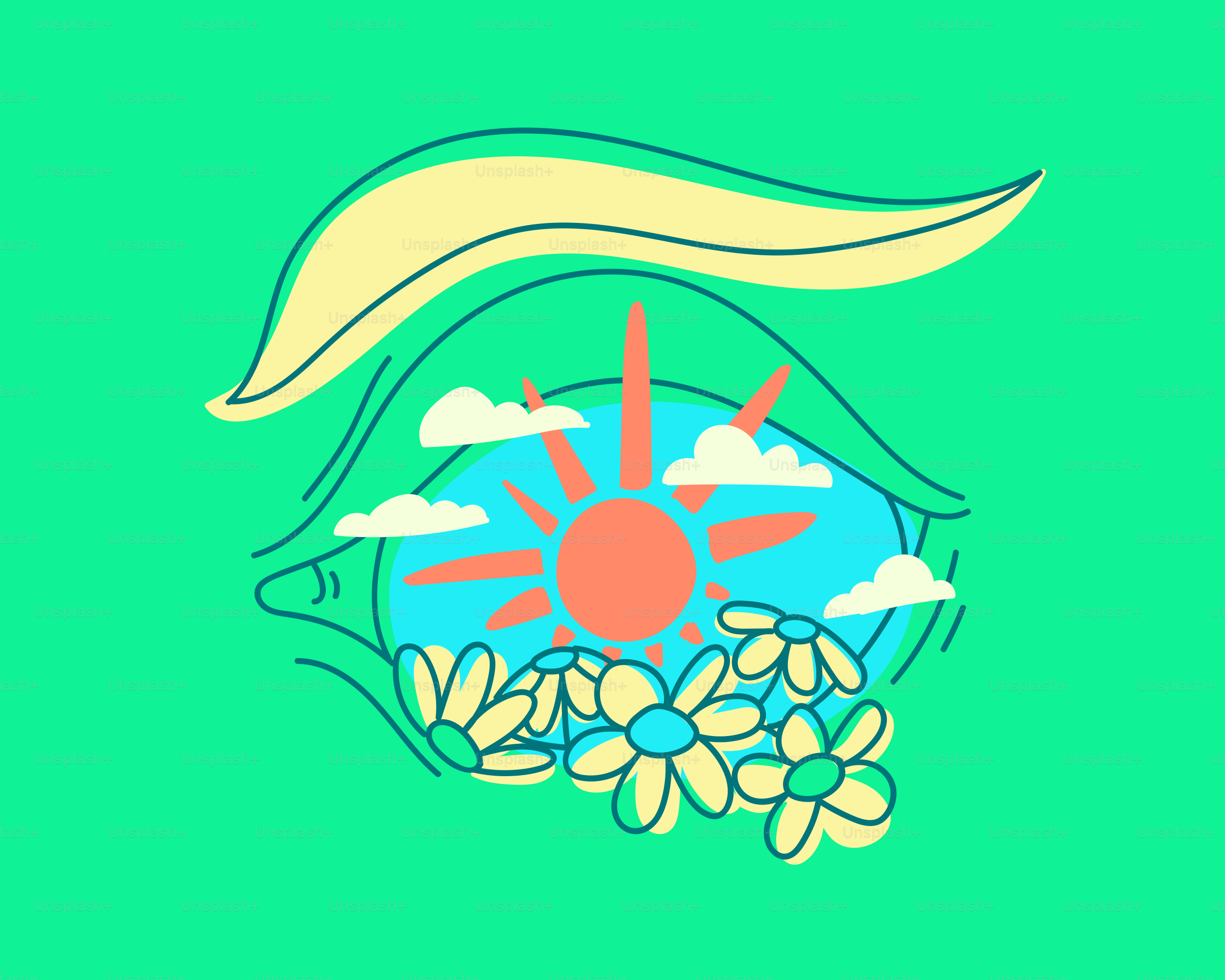 Um olho com a luz do sol, nuvens e flores.