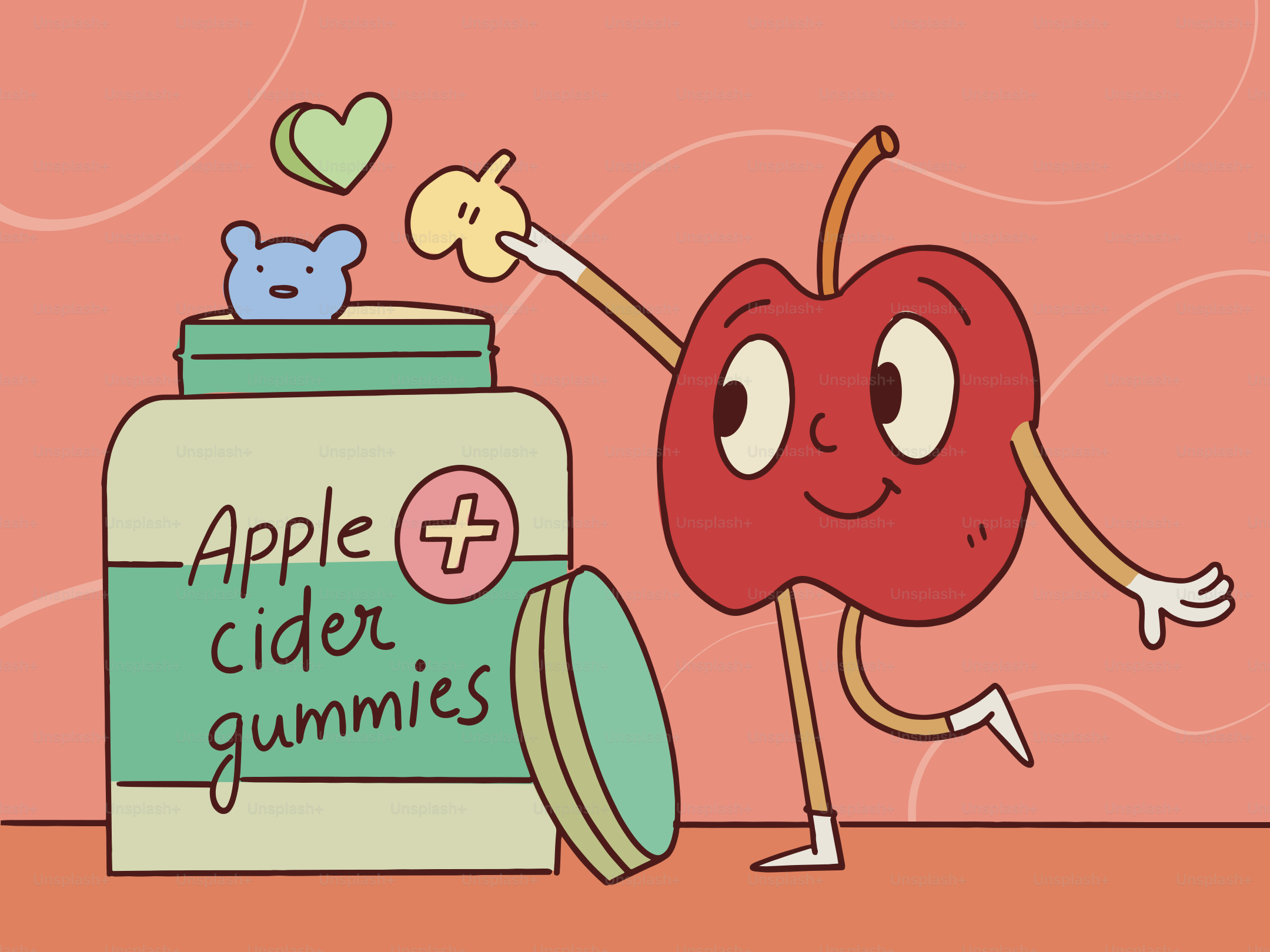 An apple person poses with gummy apple cider gummies.