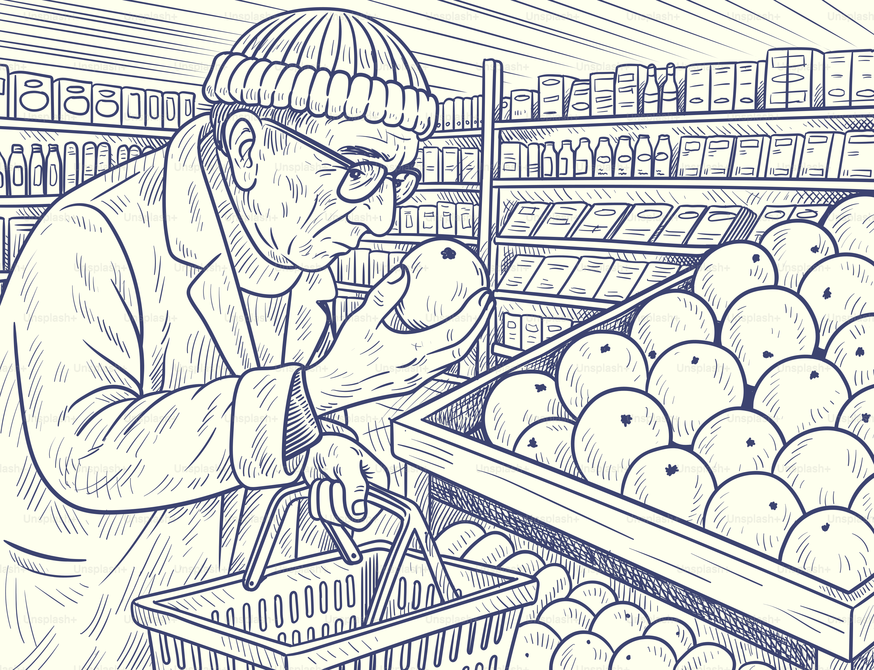 Mann inspiziert vorsichtig eine Orange im Supermarkt.