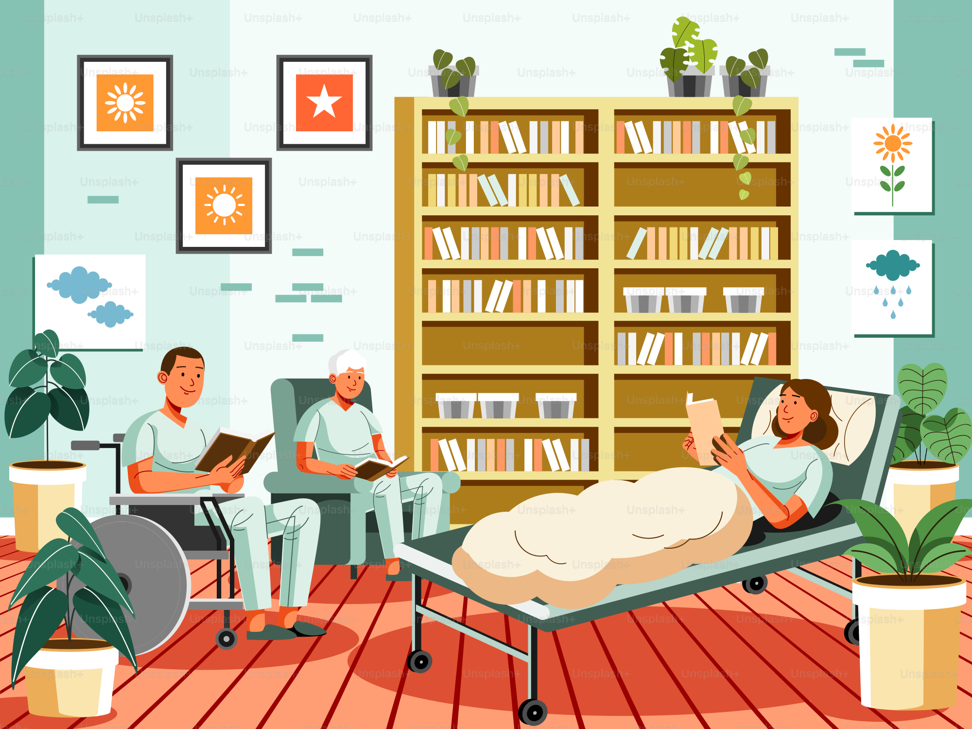 People are reading books in a library setting.