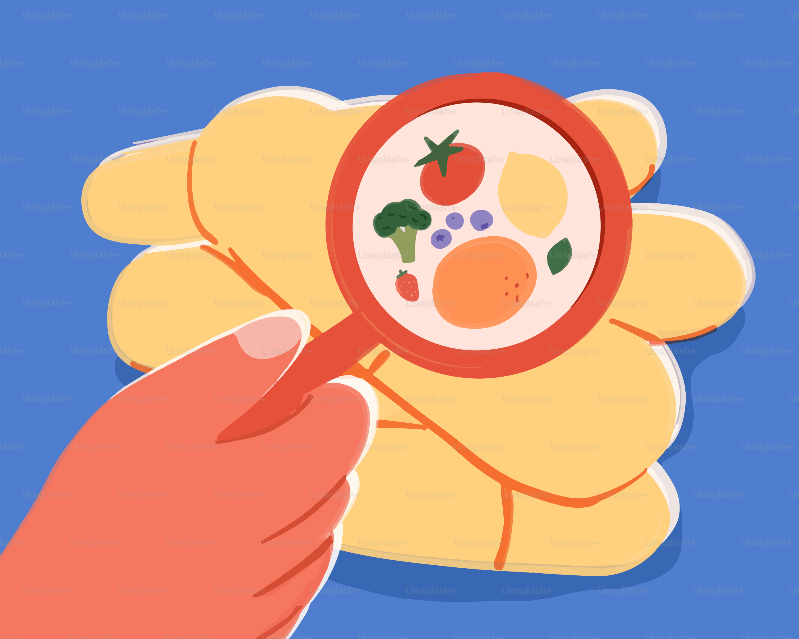 Lupa de mano examinando alimentos saludables.