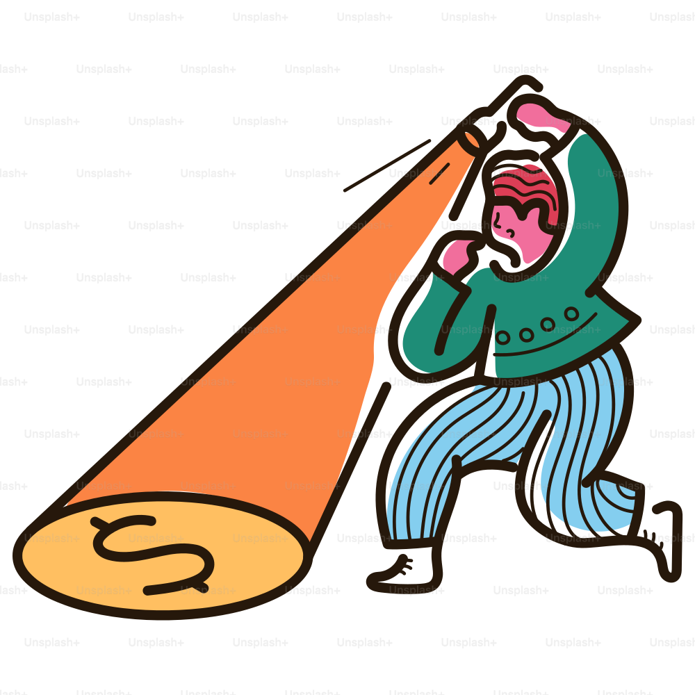 A person is searching for money with a flashlight.