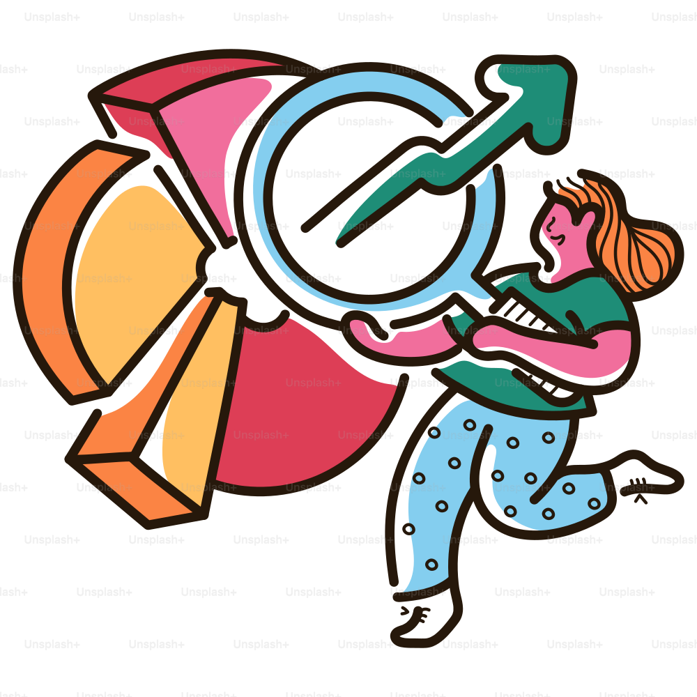 Girl analyzing pie chart with magnifying glass.