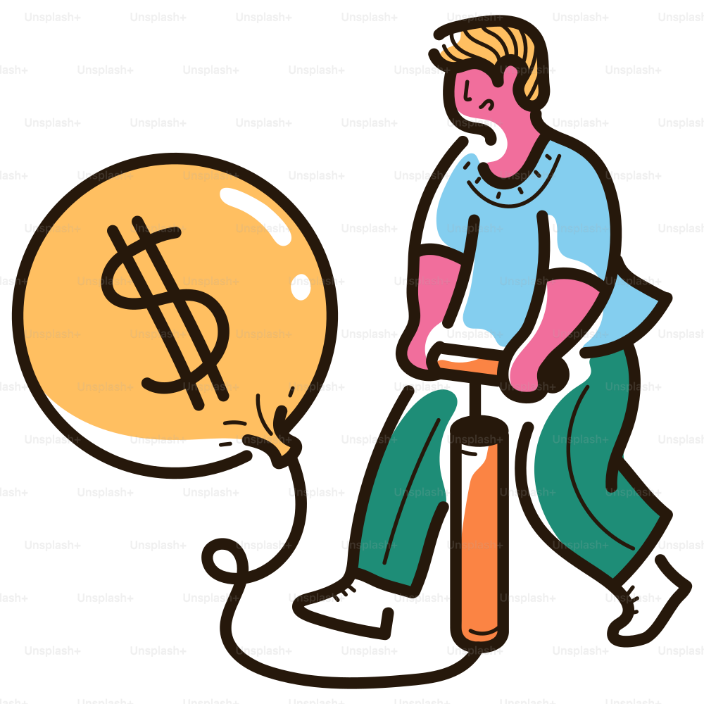 Person inflating a balloon with a dollar sign.