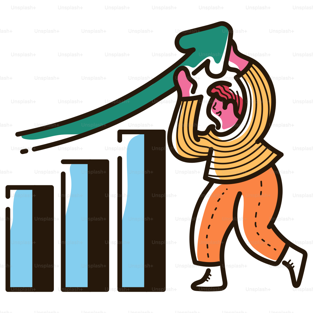 Man pushes up a growth arrow from bar graph.