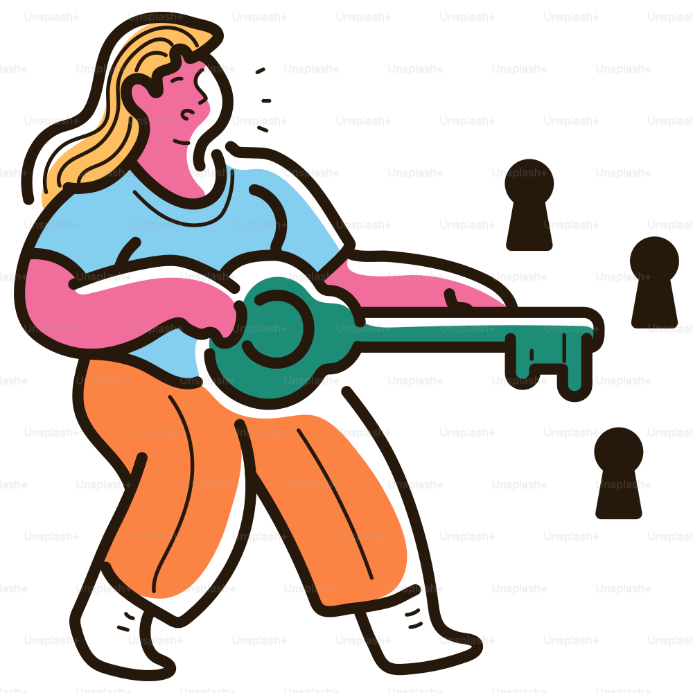 Woman uses a large key to unlock something.