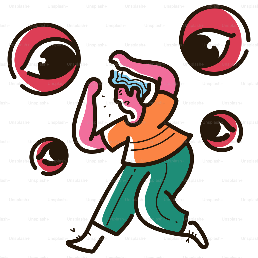 A scared person is being watched by many eyes.