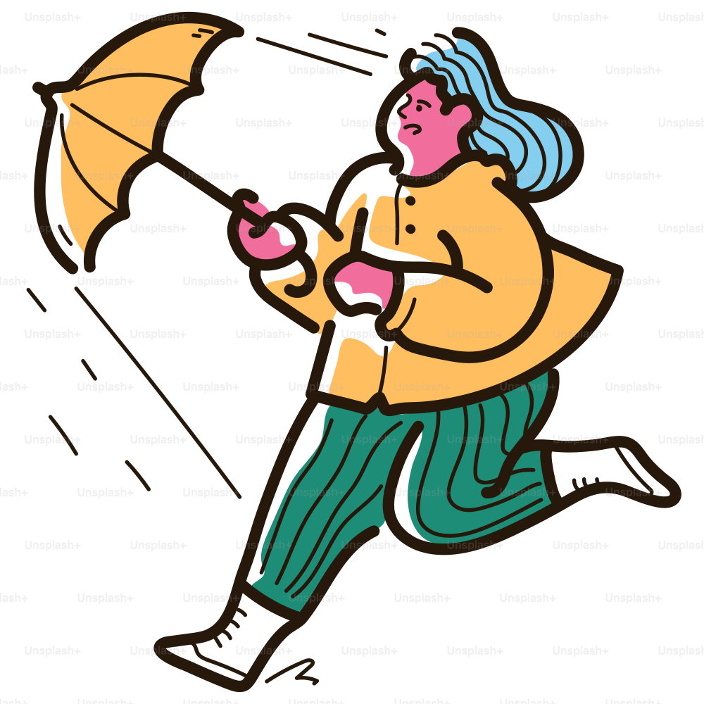 Une femme court avec un parapluie au vent.