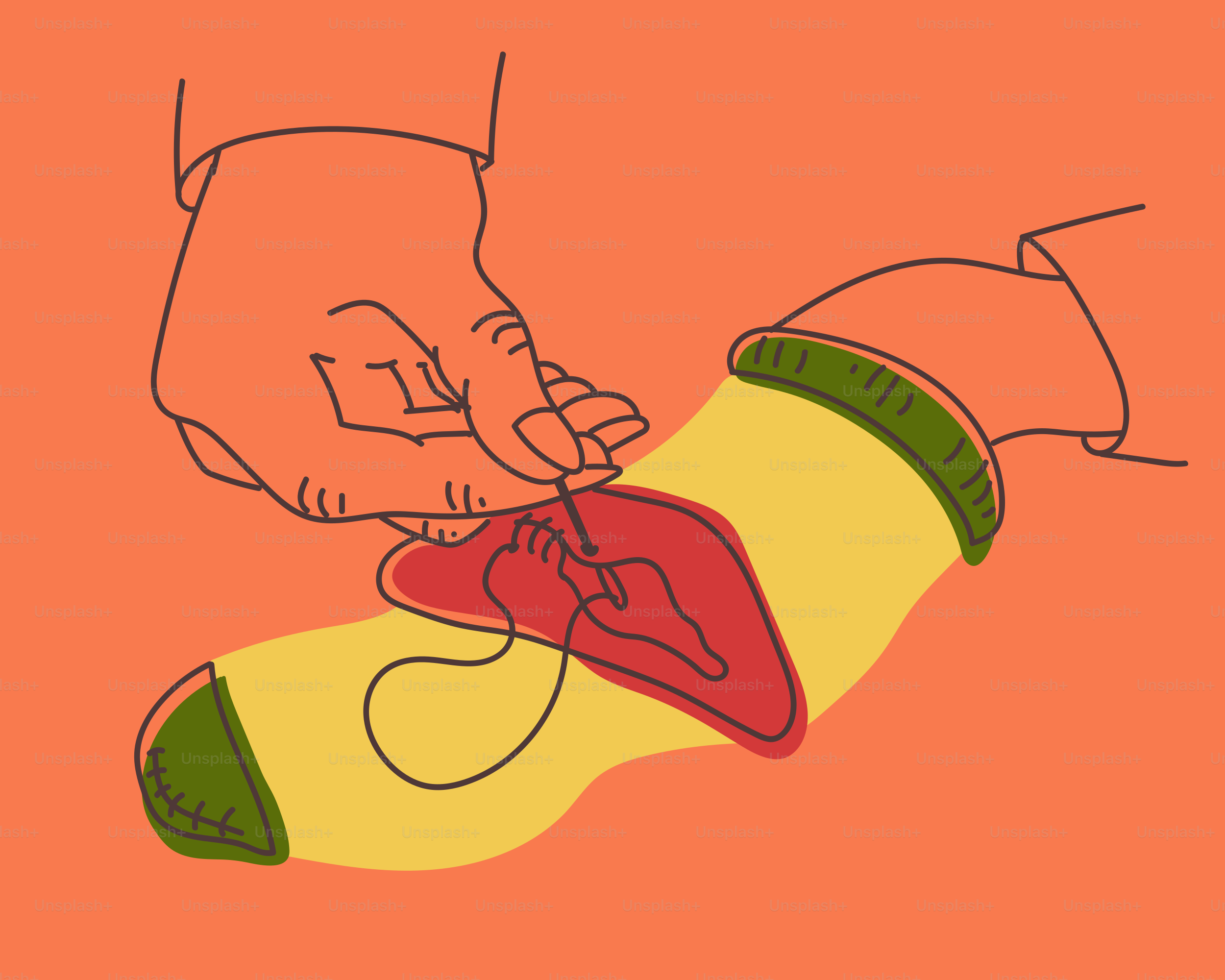 Someone is sewing a red patch onto a sock.